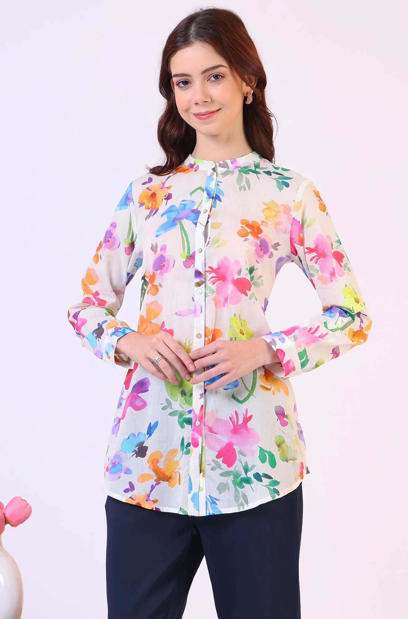 Multicolor Floral Printed Straight Pure Cotton Top - Image 5