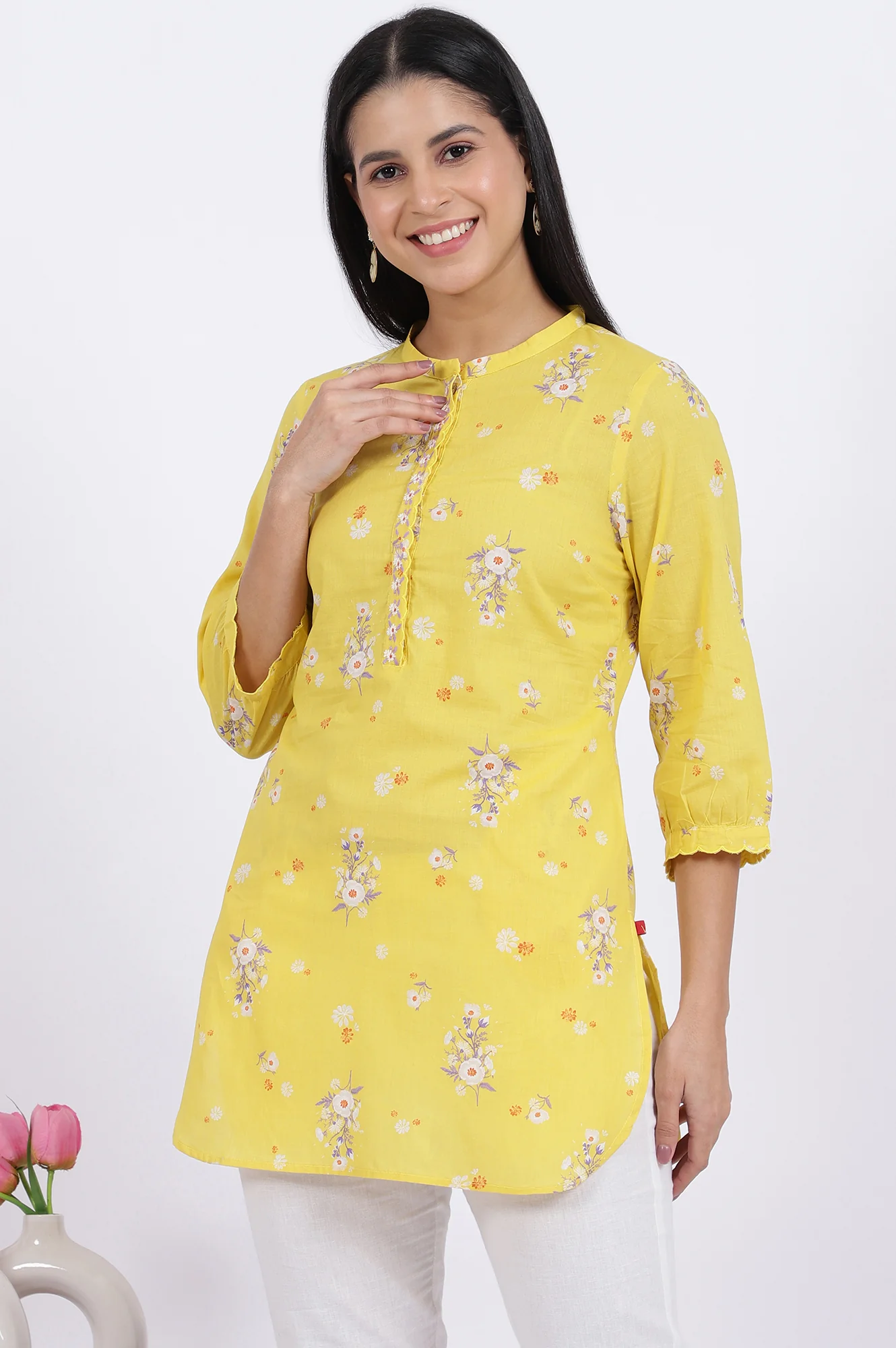 Yellow Floral Printed Straight Pure Cotton Tunic - Image 5