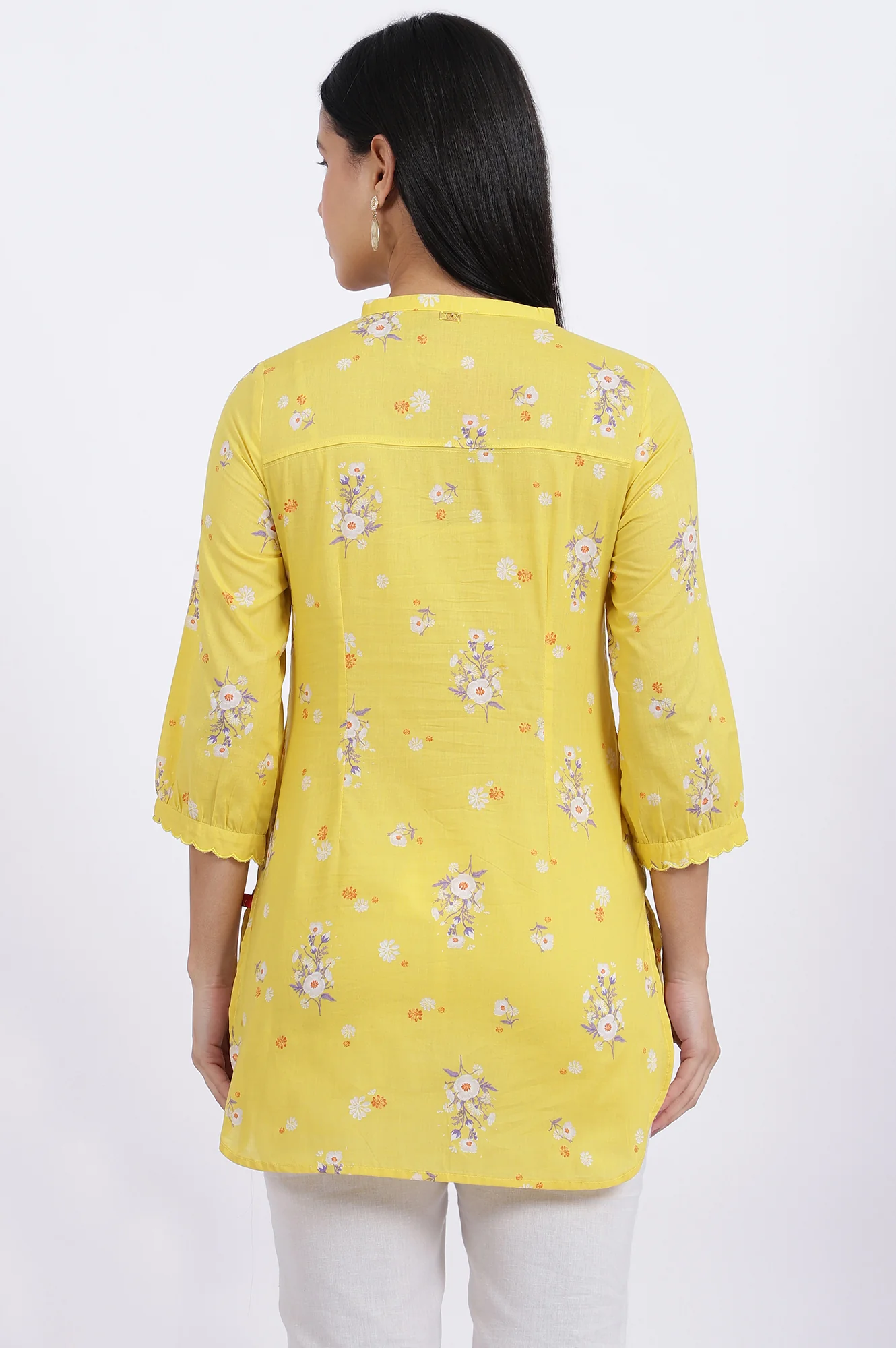 Yellow Floral Printed Straight Pure Cotton Tunic - Image 6