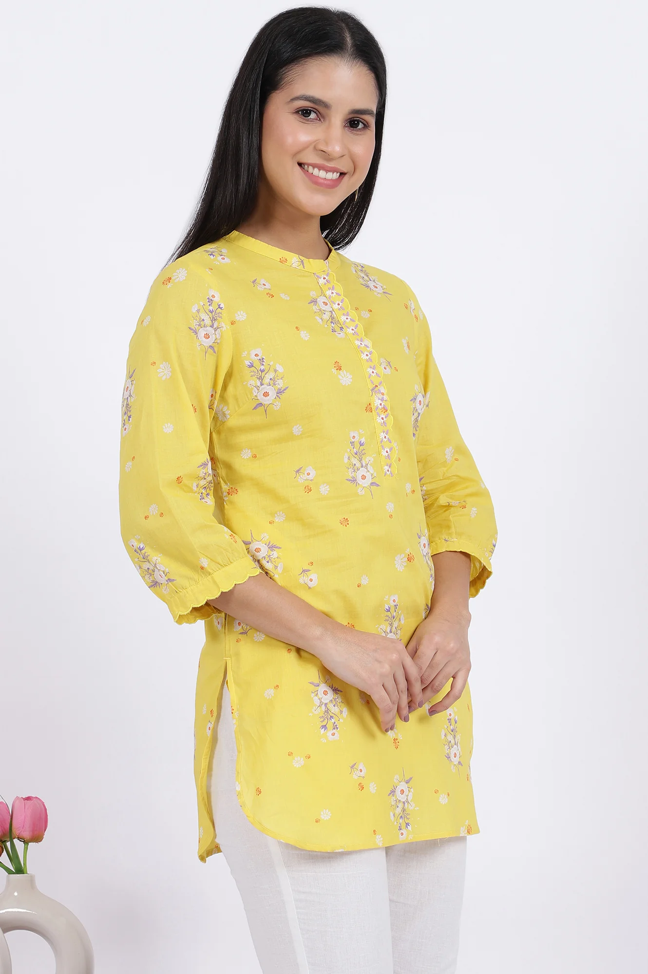 Yellow Floral Printed Straight Pure Cotton Tunic - Image 7