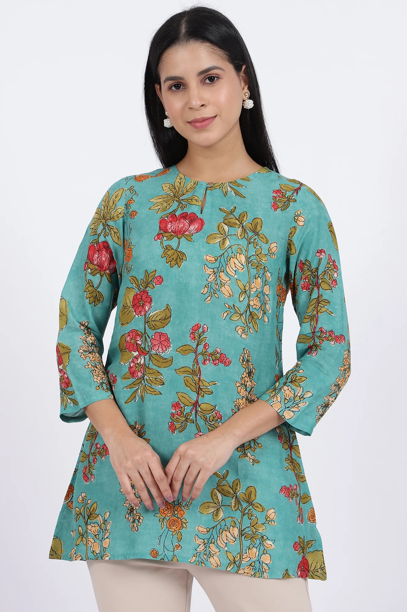 Green Floral Printed Straight Top - Image 2