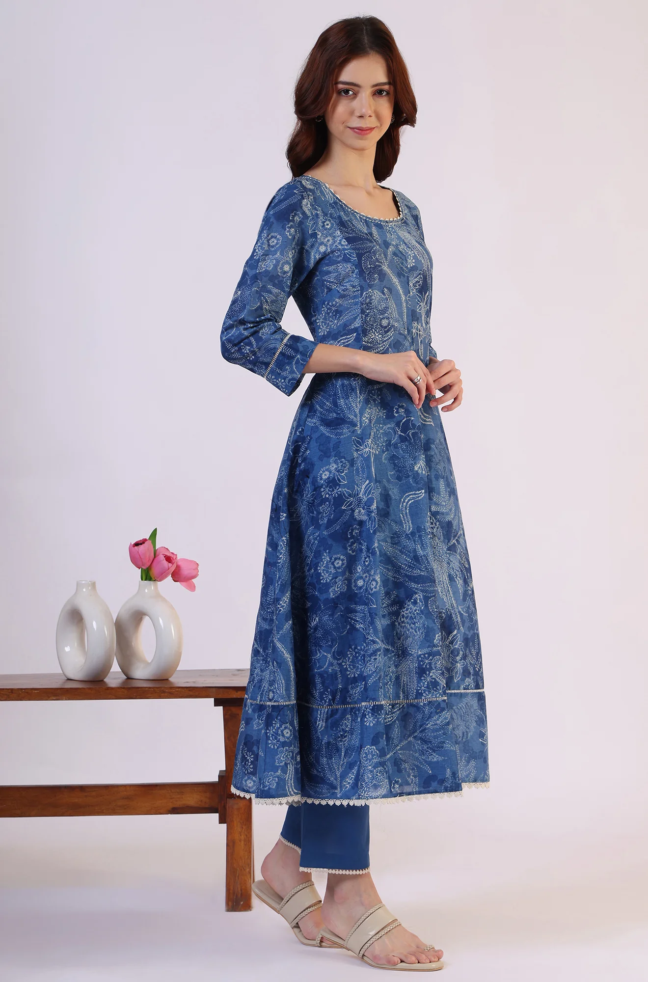 Floral Printed Thread Work Flared Pure Cotton Kurta & Flared Pants with Dupatta Set - Image 7