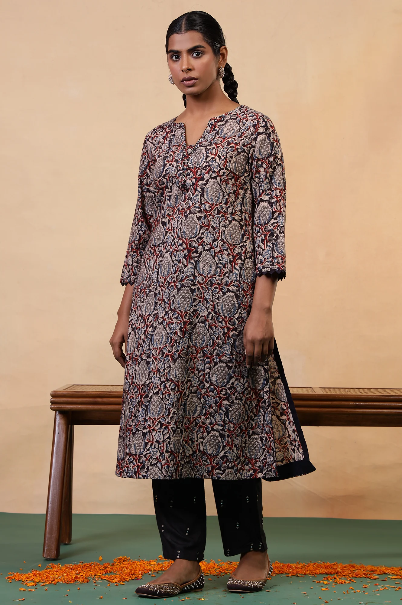 Folksong Black Iron Floral Mirror Work A-Line Cotton Kurta - Image 6