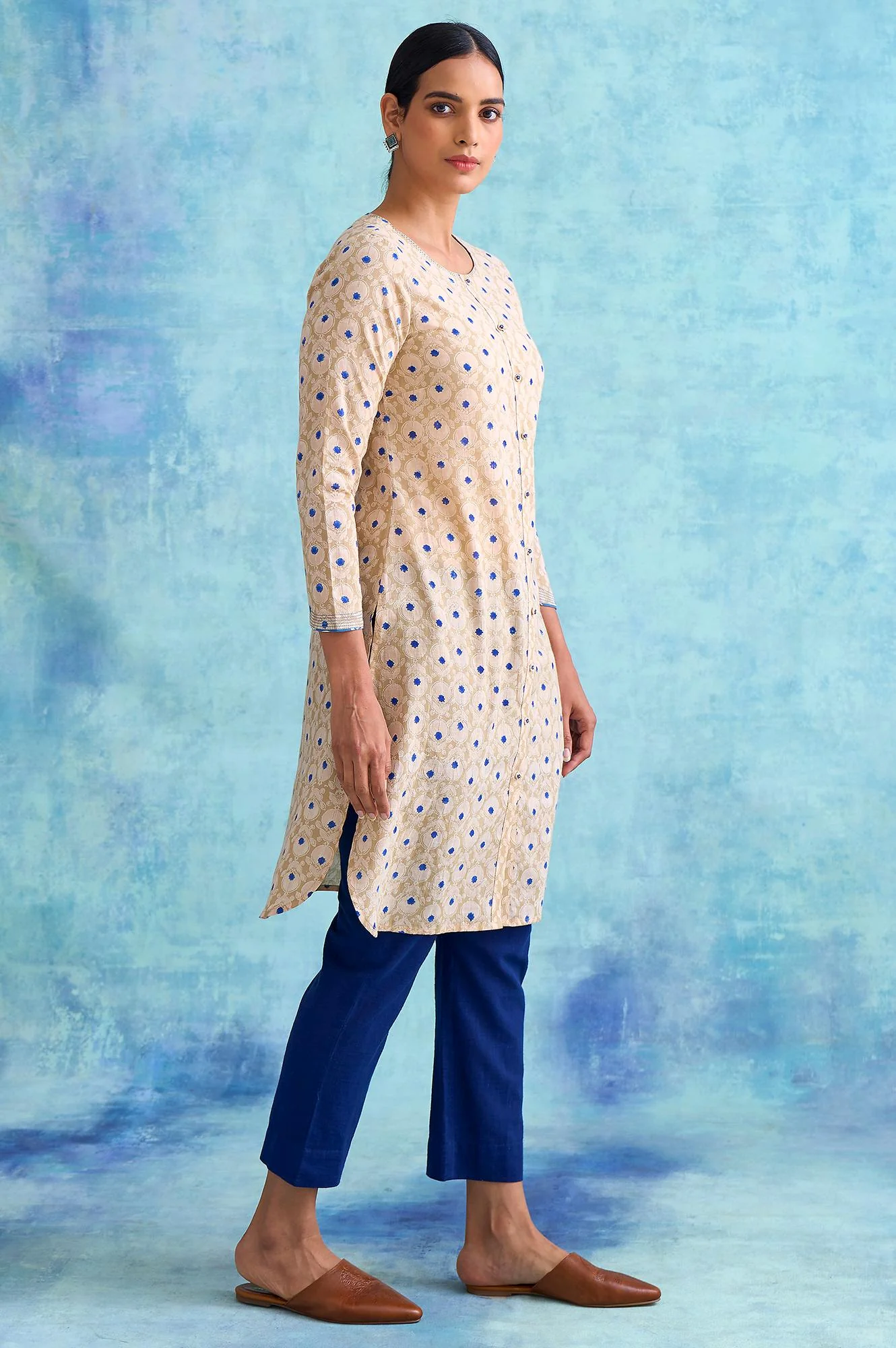 Folksong By W Beige Handblock Print Slub kurta - Image 4