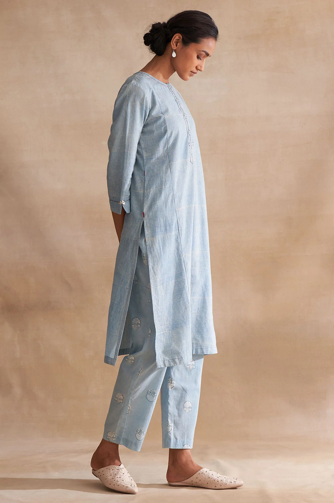Folksong By W Light Blue Handblock Stripe Print kurta - Image 4
