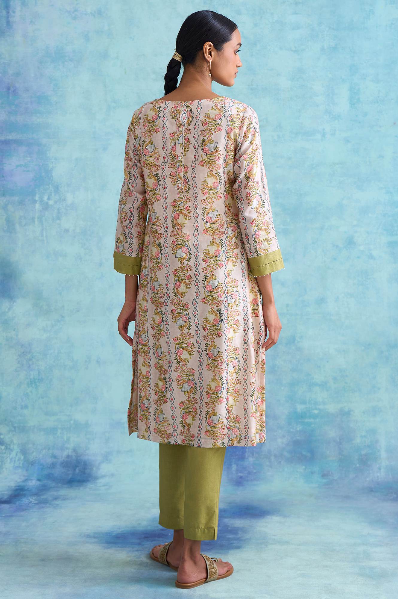 Folksong By W Light Pink Handblock Print Cotton Silk kurta - Image 2