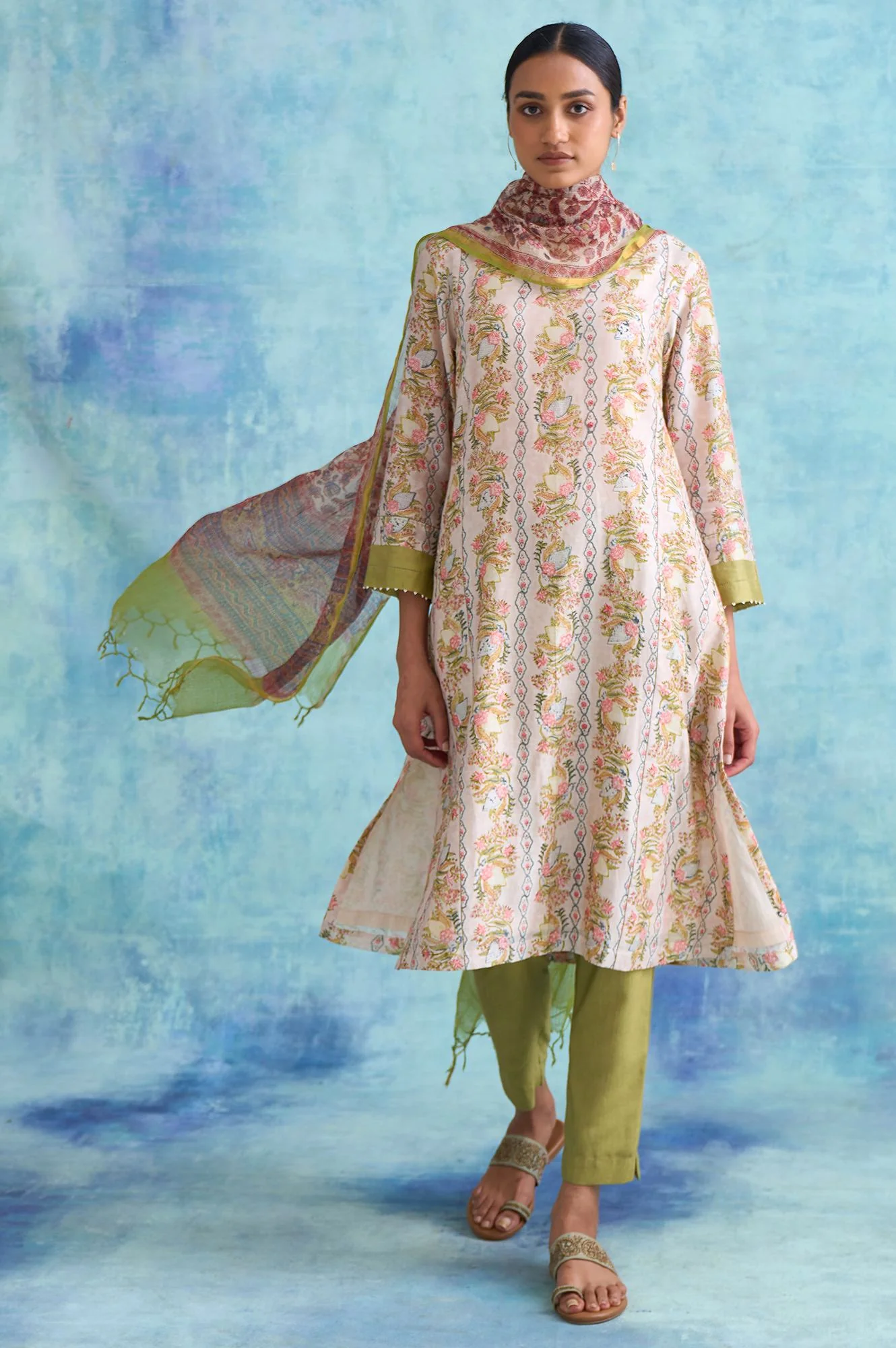 Folksong By W Light Pink Handblock Print Cotton Silk kurta - Image 5