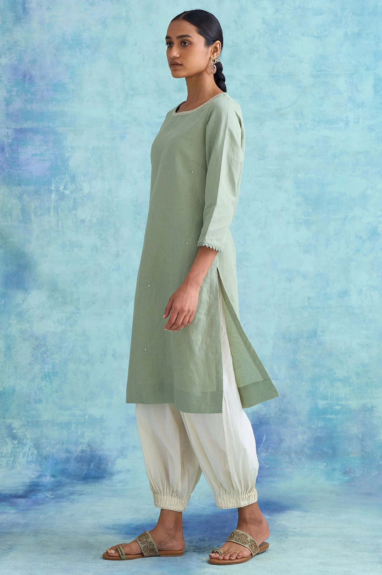 Folksong By W Sage Green Cotton Linen kurta - Image 3