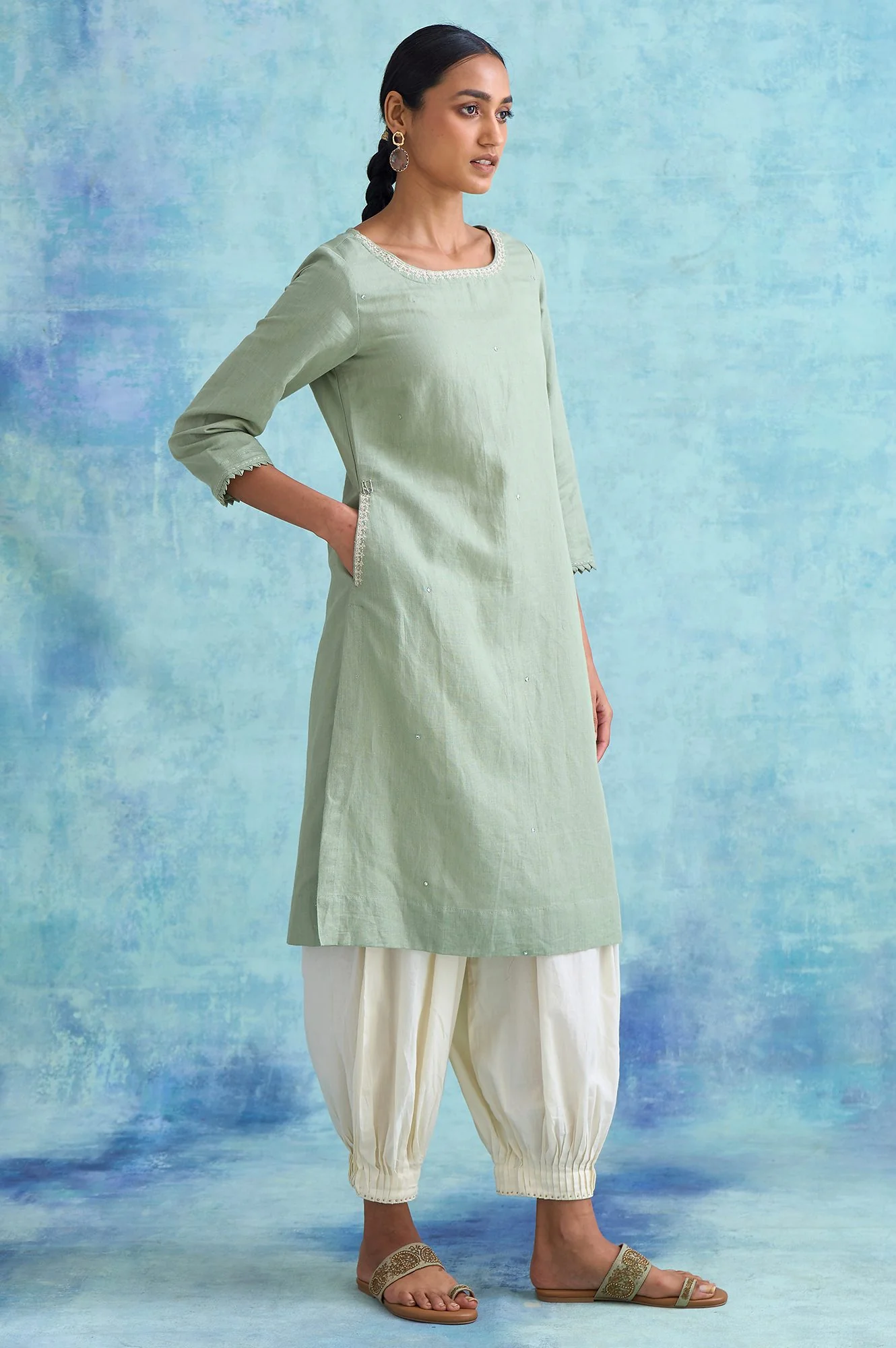 Folksong By W Sage Green Cotton Linen kurta - Image 4