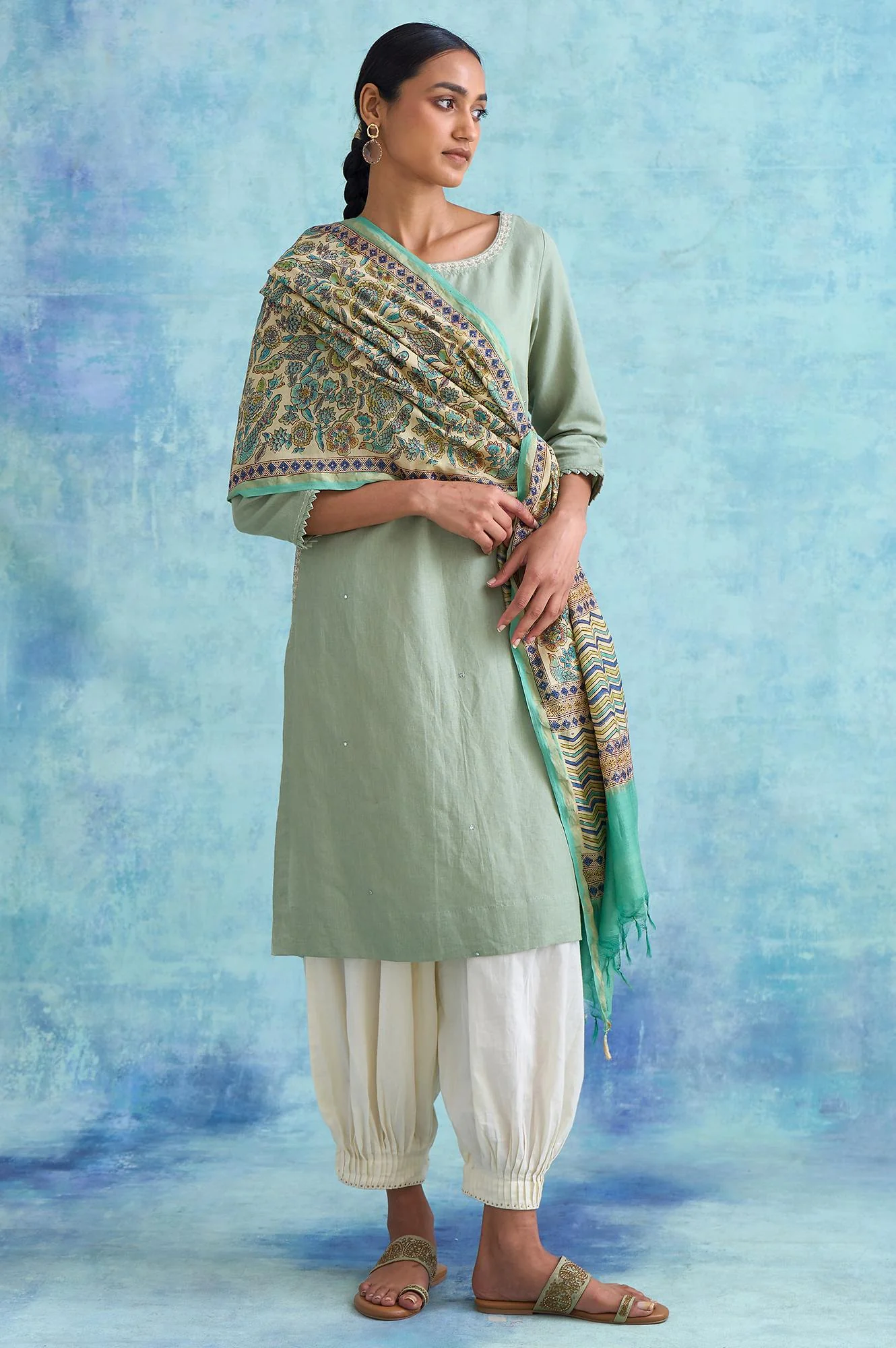 Folksong By W Sage Green Cotton Linen kurta - Image 5