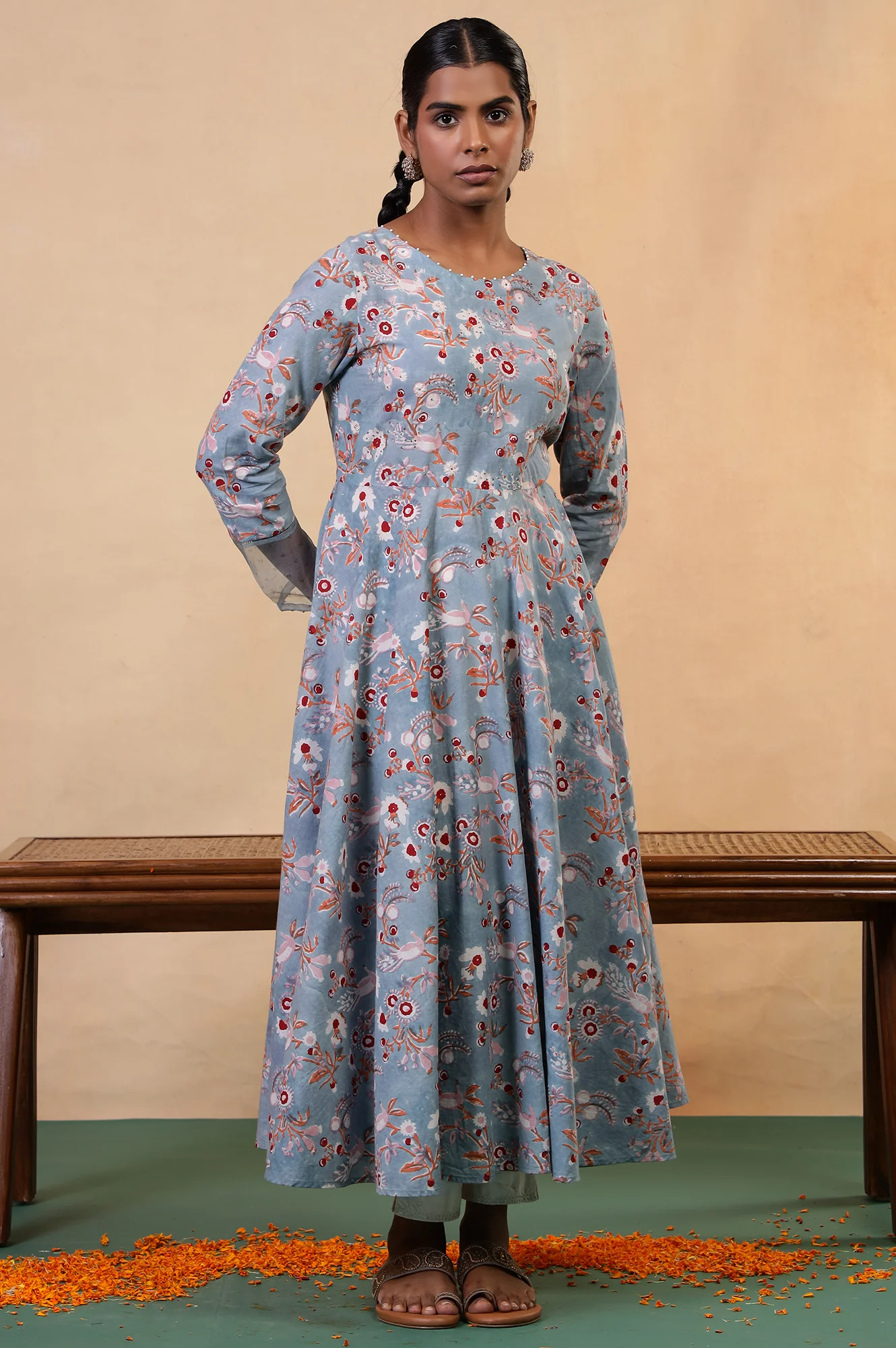 Folksong Cameo Blue Cotton Flared Floral Hand Block Printed Anarkali - Image 2