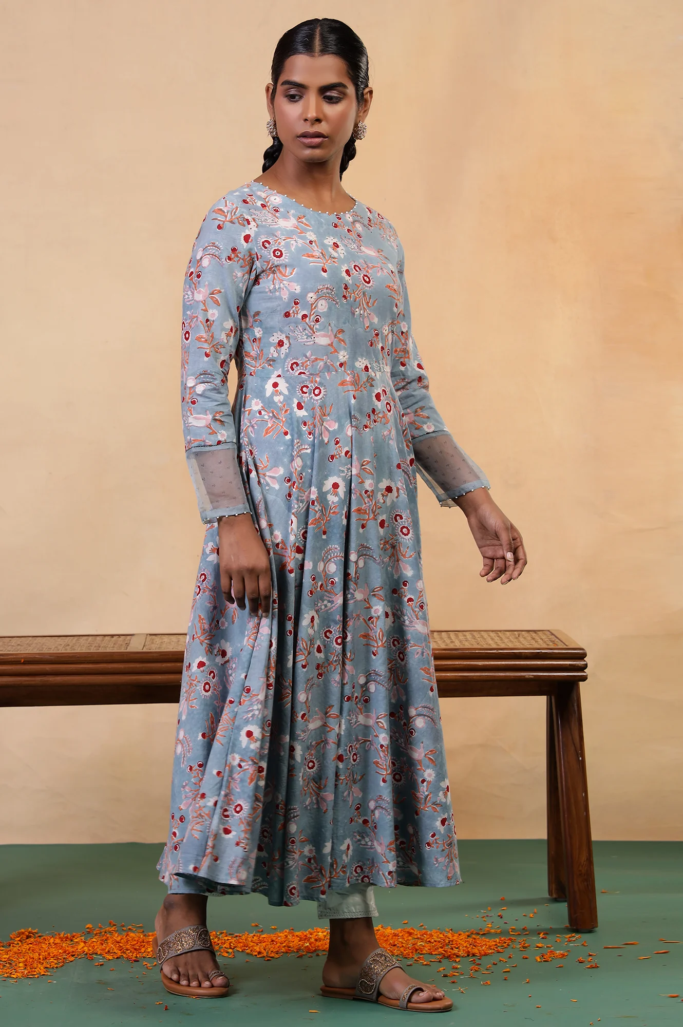 Folksong Cameo Blue Cotton Flared Floral Hand Block Printed Anarkali - Image 6