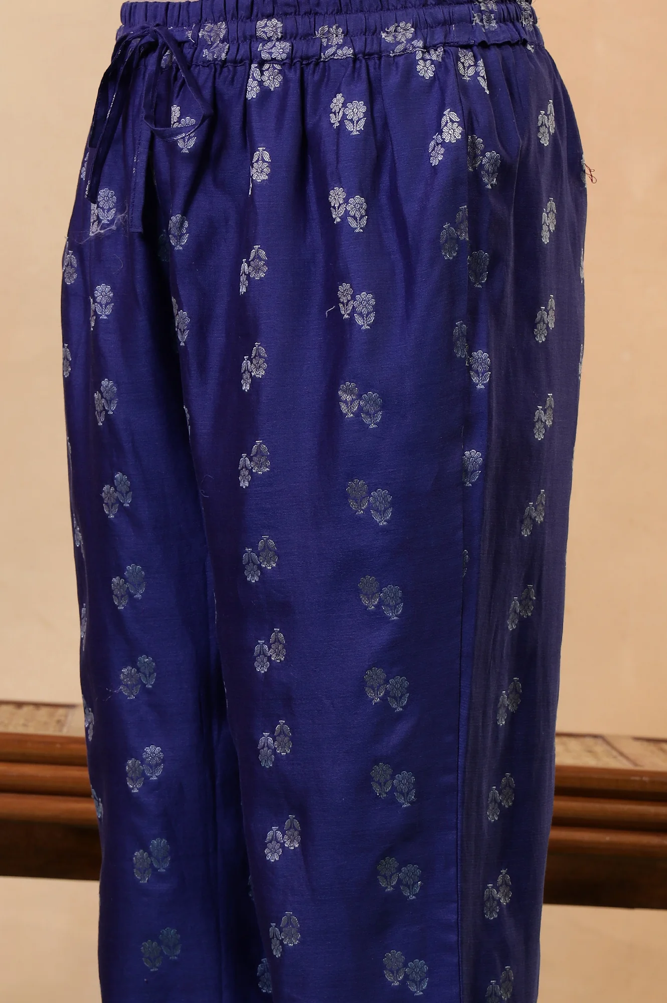 Folksong Clematis Blue Ethnic Motif Mukaish Cotton Silk Kurta and Pyjama Set - Image 8
