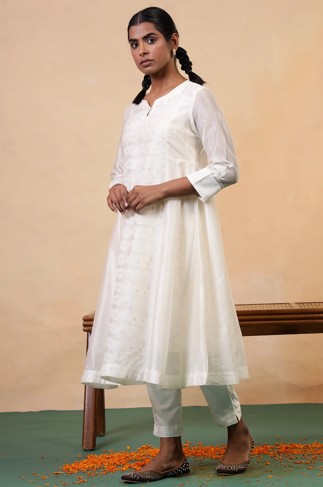Folksong Coconut Milk Geometric Sequin Embellished Cotton Silk Anarkali Kurta - Image 6