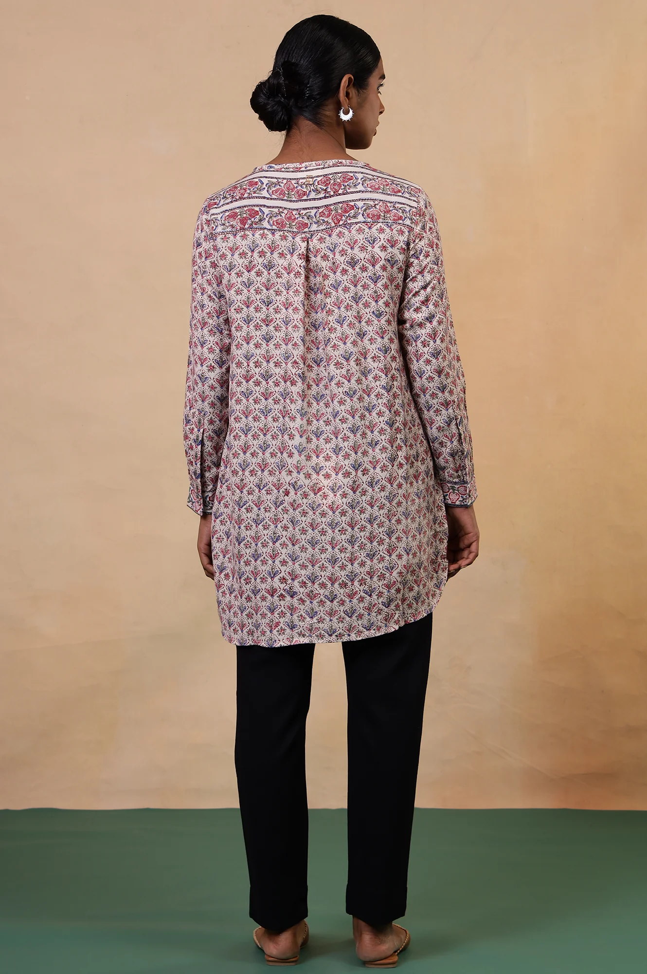 Folksong Ecru Viscose Blend Straight-Fit Floral Hand Block Printed Top - Image 6
