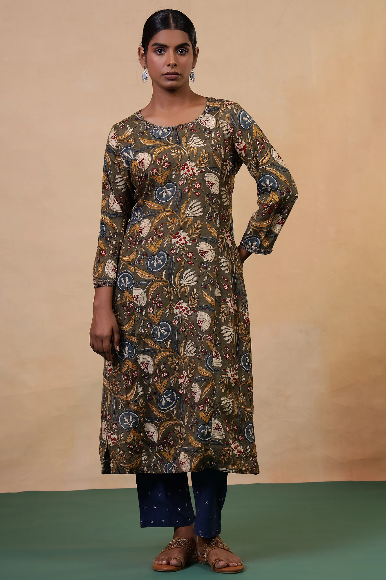 Folksong Golden Olive Floral Metallic Embroidered Viscose Flared Kurta - Image 2