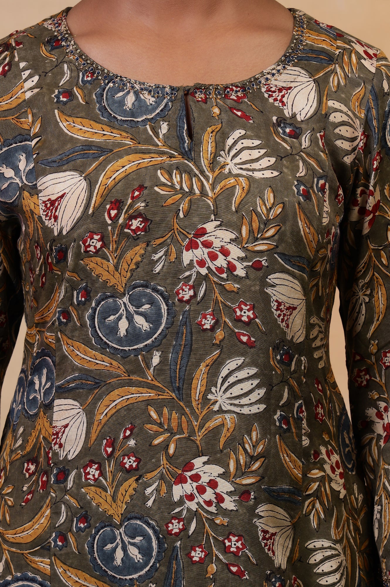 Folksong Golden Olive Floral Metallic Embroidered Viscose Flared Kurta - Image 3