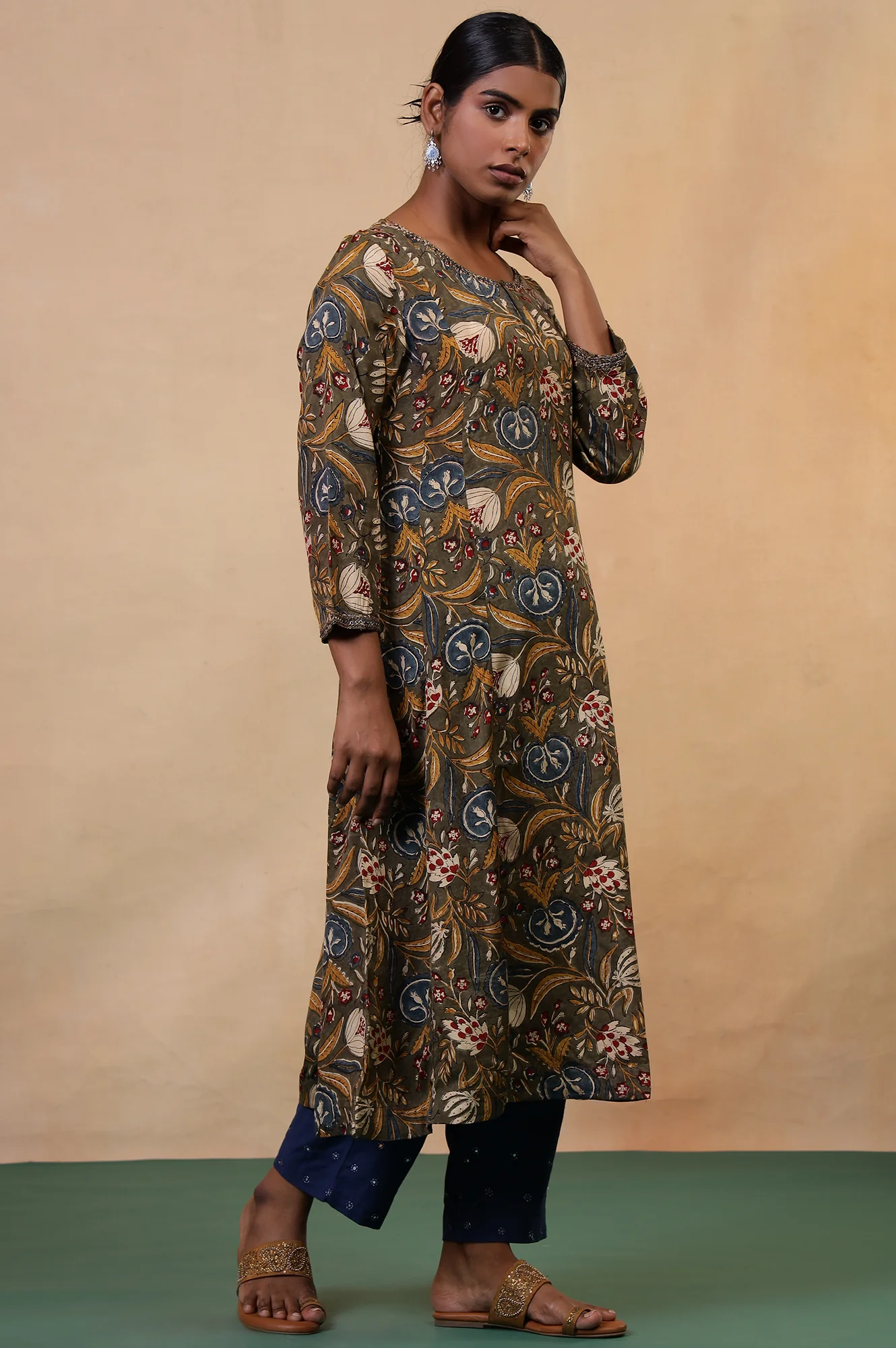 Folksong Golden Olive Floral Metallic Embroidered Viscose Flared Kurta - Image 6
