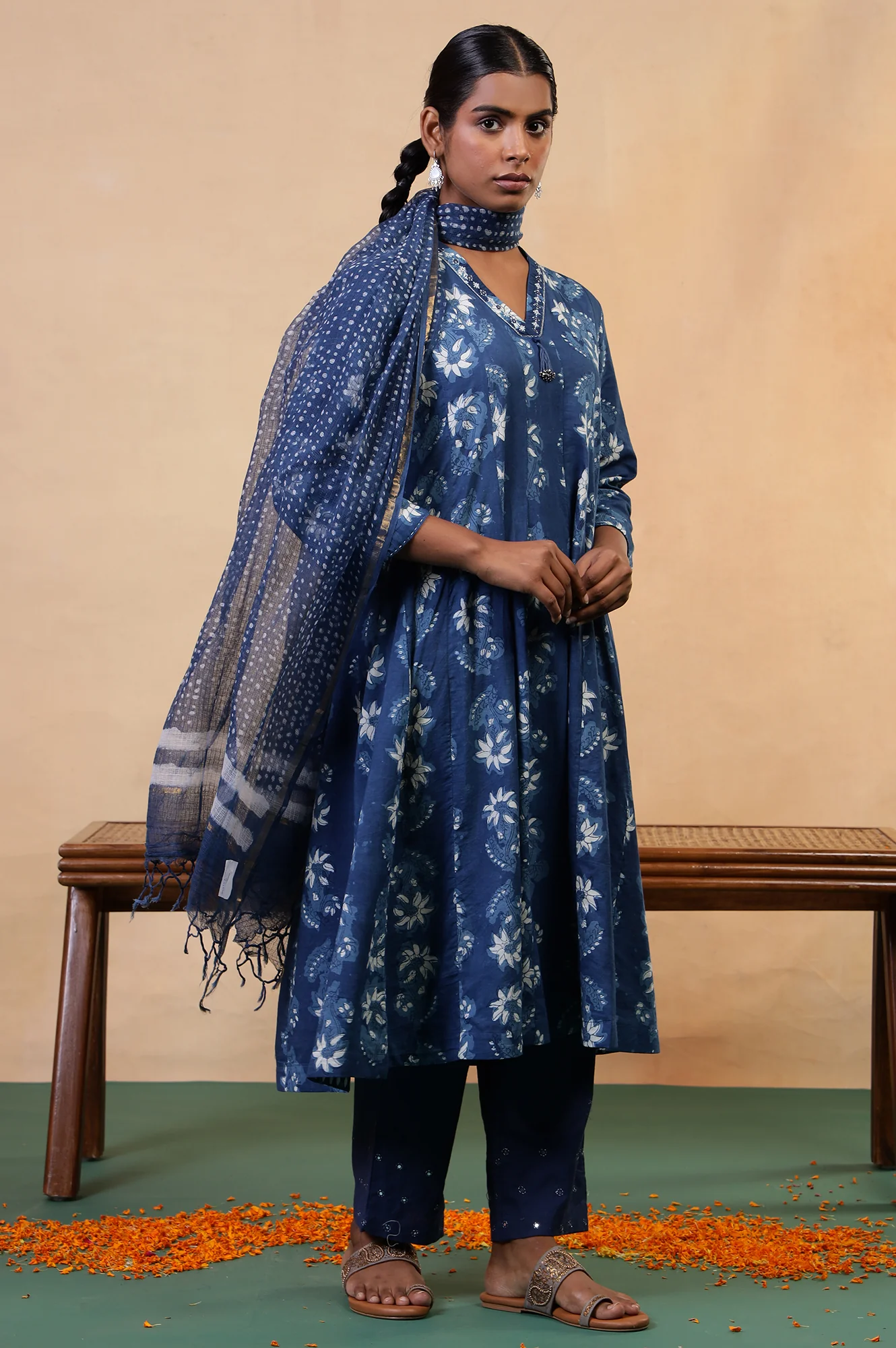 Folksong Indigo Blue Cotton Flared Floral Hand Block Printed Anarkali - Image 7