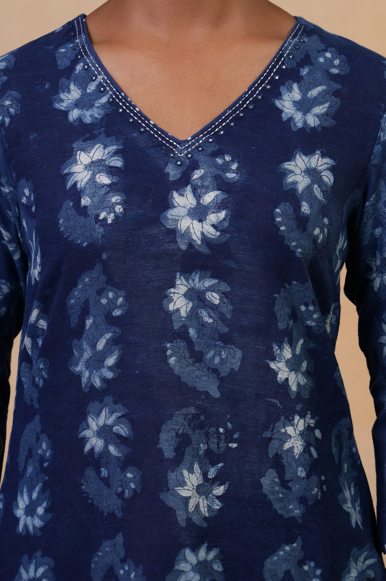 Folksong Indigo Blue Floral Mirror Work Hand Block Printed Cotton Kurta - Image 3