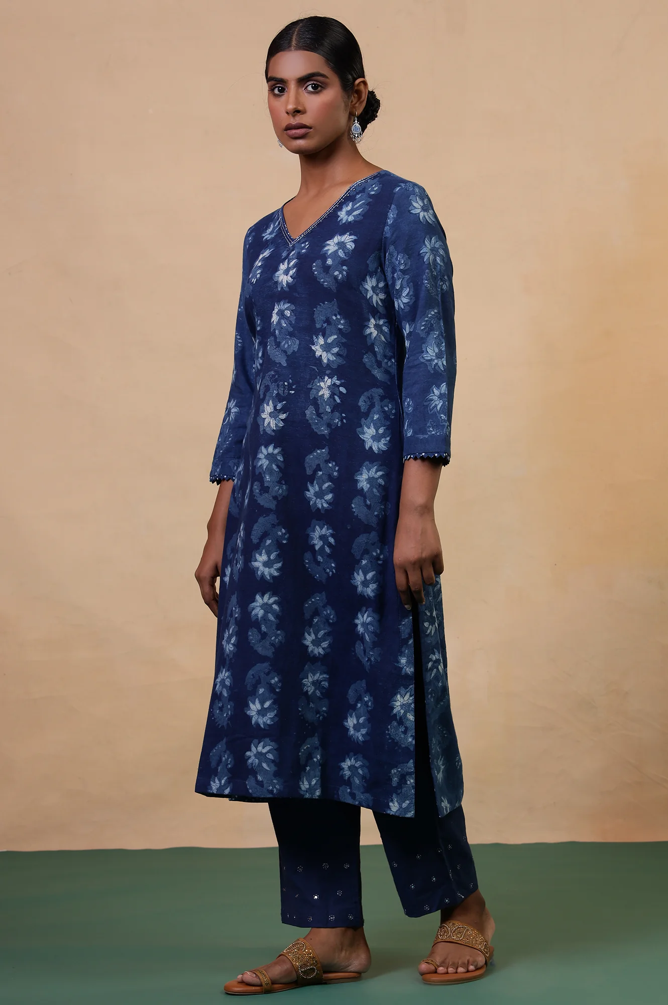 Folksong Indigo Blue Floral Mirror Work Hand Block Printed Cotton Kurta - Image 4