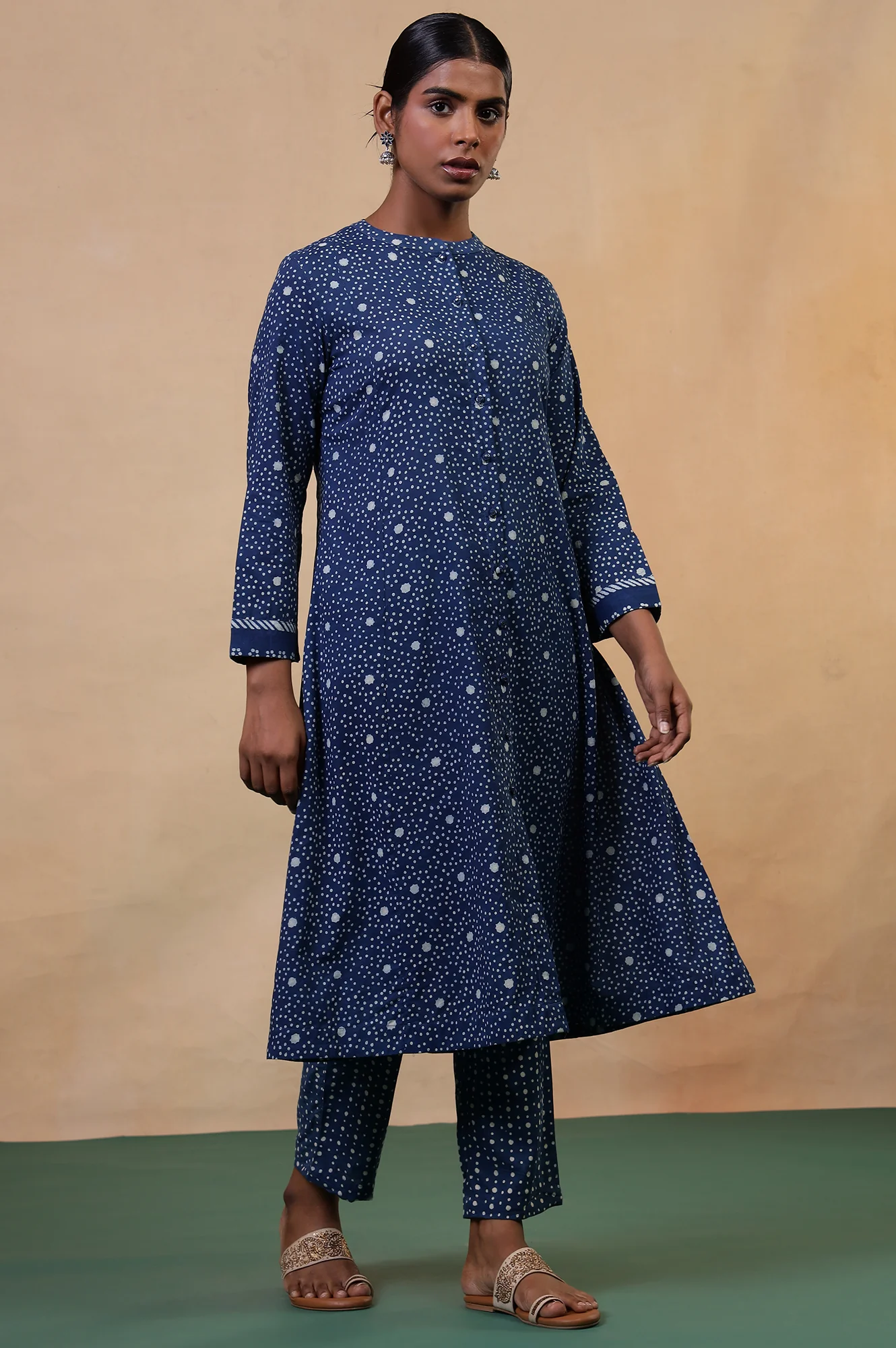 Folksong Indigo Cotton Regular Mirror Work Polka Dot Kurta - Image 4
