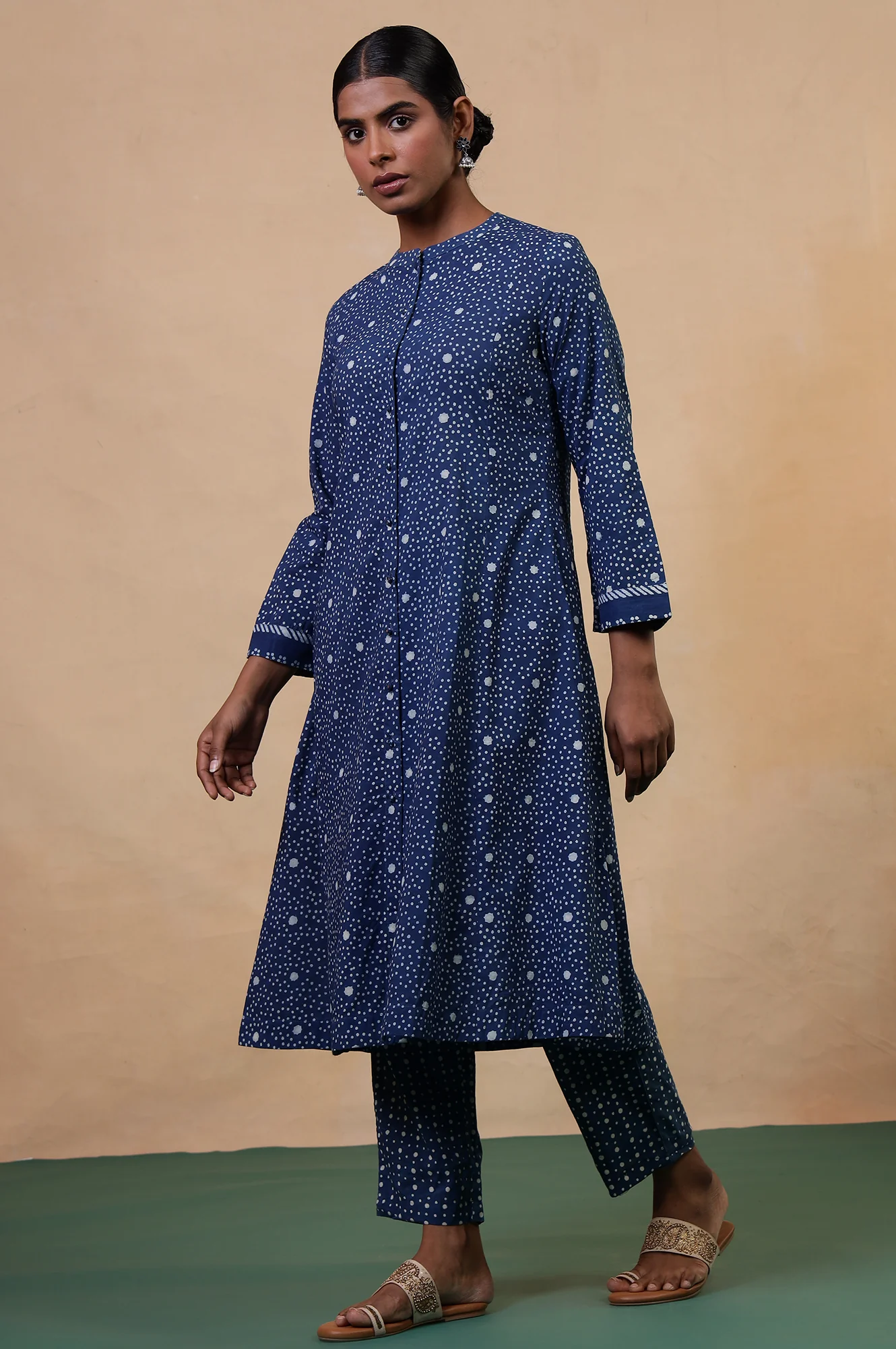 Folksong Indigo Cotton Regular Mirror Work Polka Dot Kurta - Image 6
