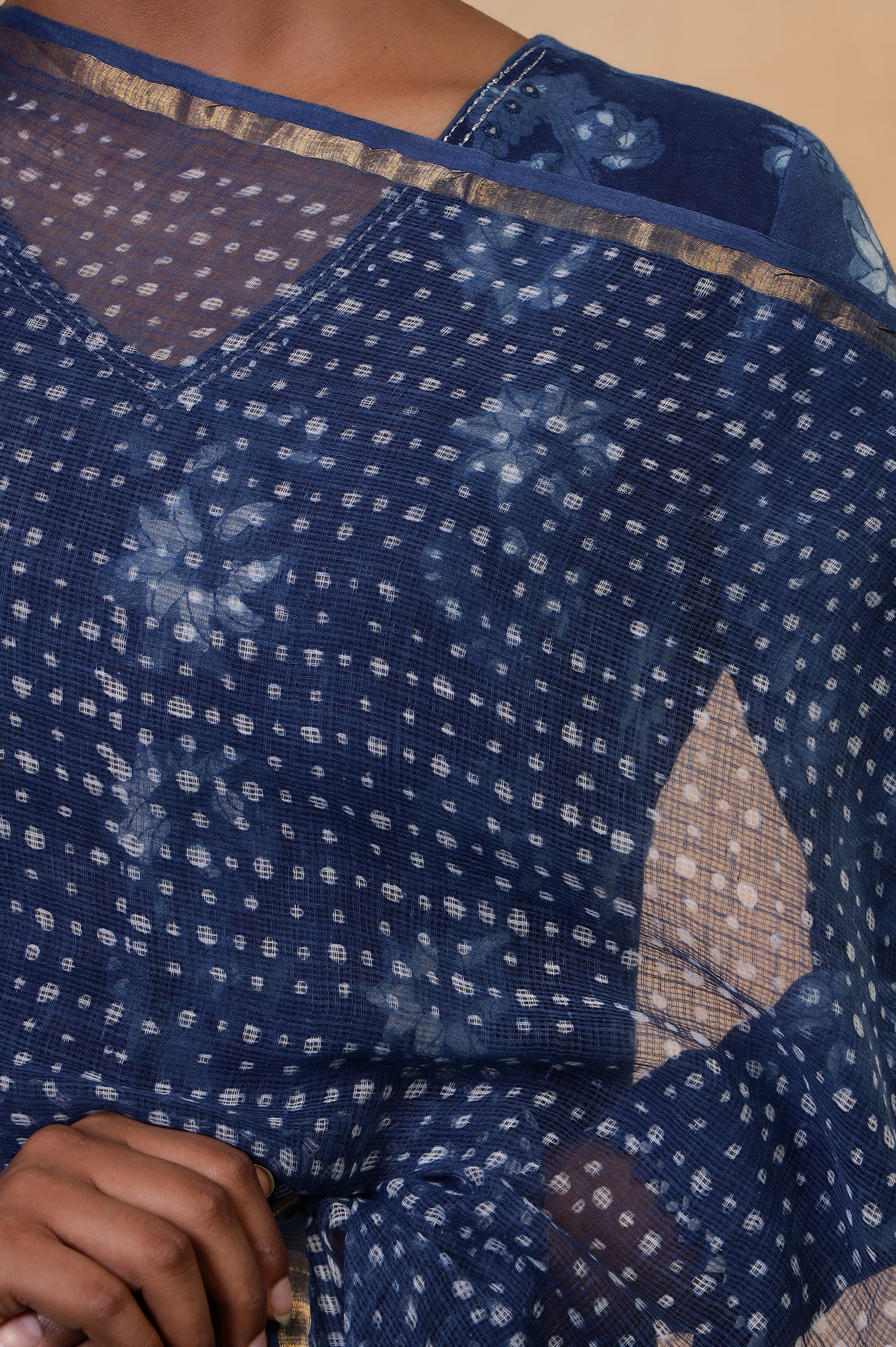 Folksong Indigo Cotton-Silk Hand Block Printed Polka Dot Dupatta - Image 4