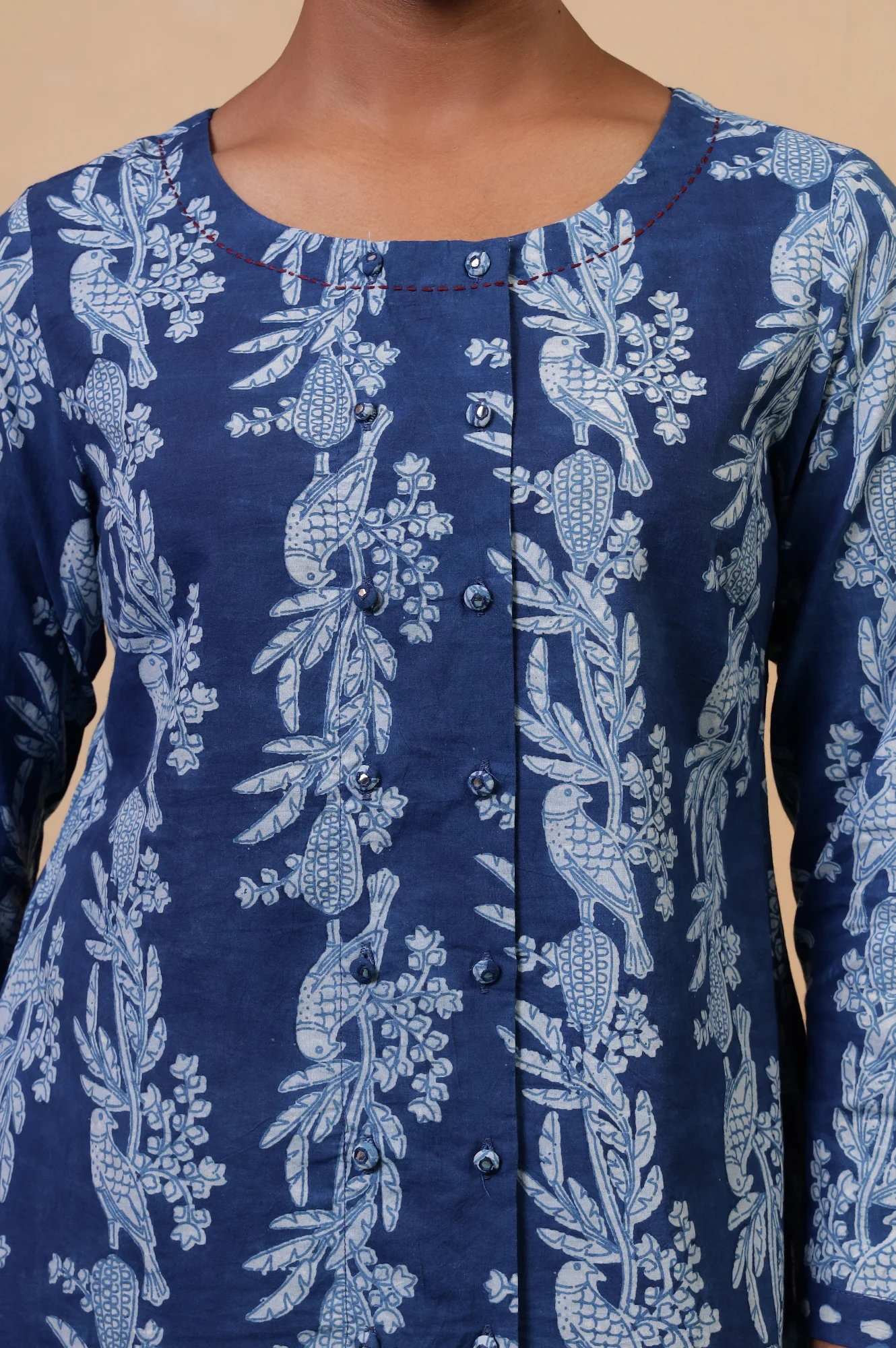 Folksong Indigo Cotton Straight-Fit Tropical Hand Block Printed Top - Image 3