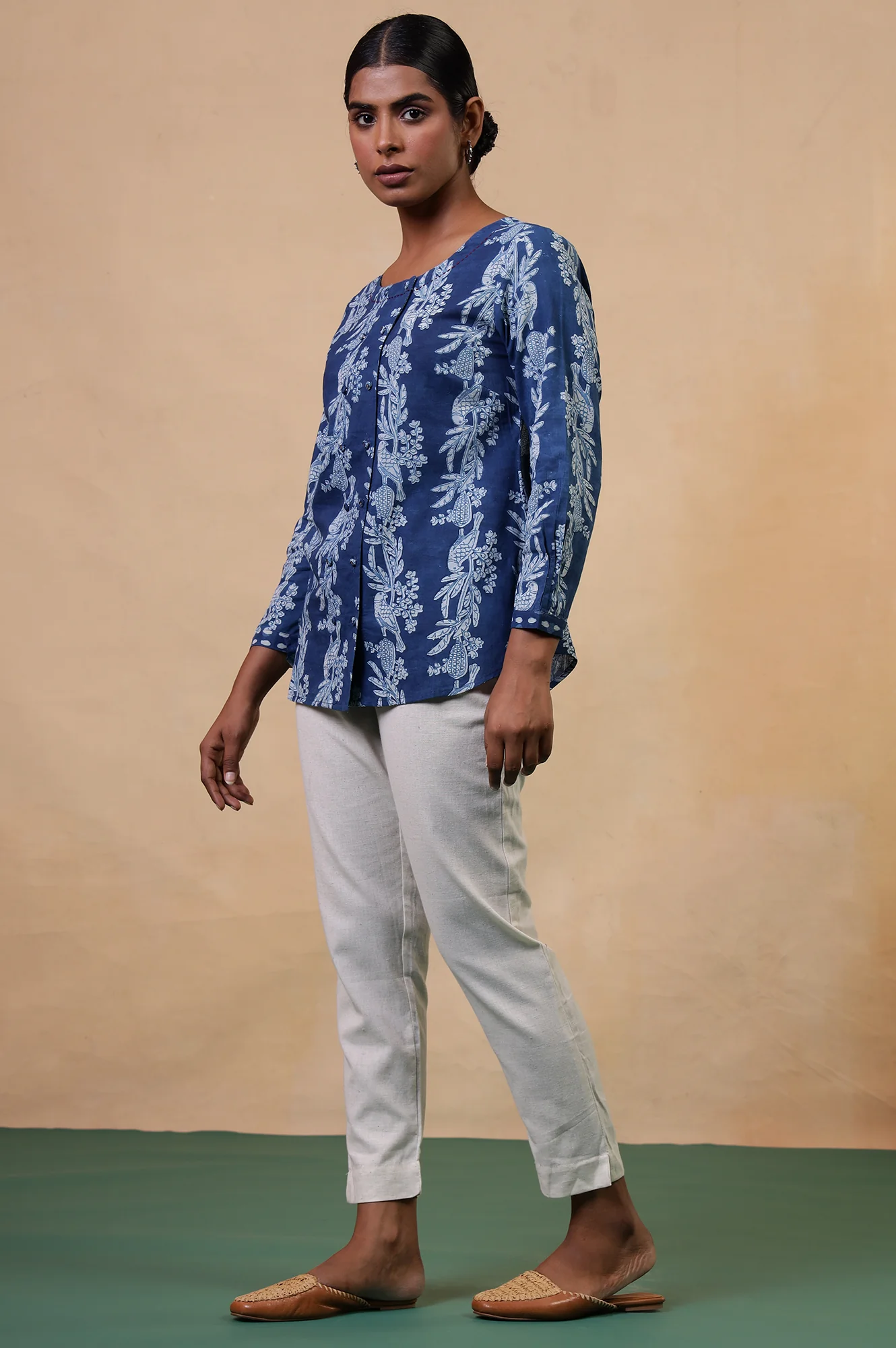 Folksong Indigo Cotton Straight-Fit Tropical Hand Block Printed Top - Image 6
