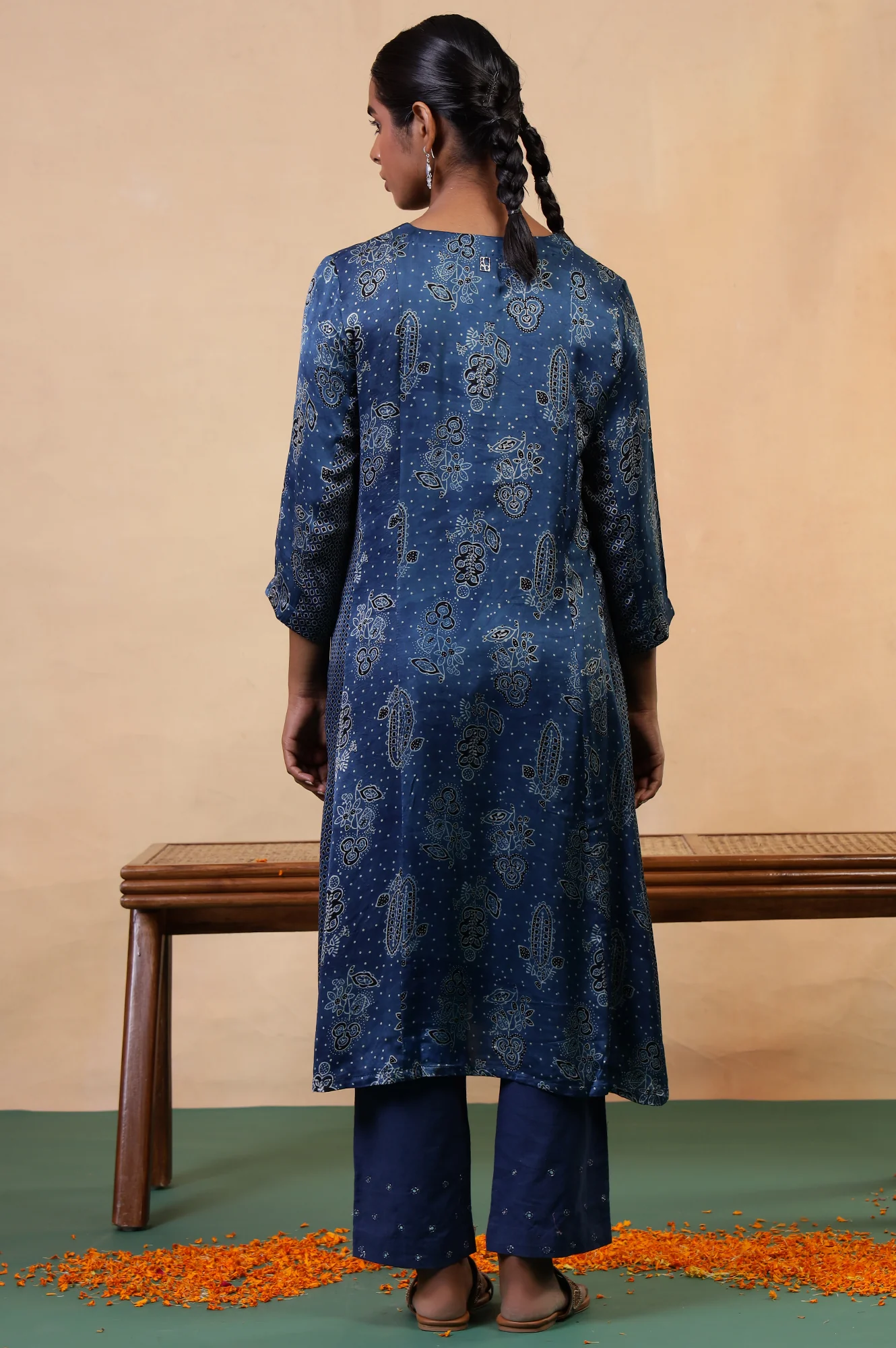 Folksong Indigo Floral Metallic Embroidered Viscose Flared Ajrakh Kurta - Image 5