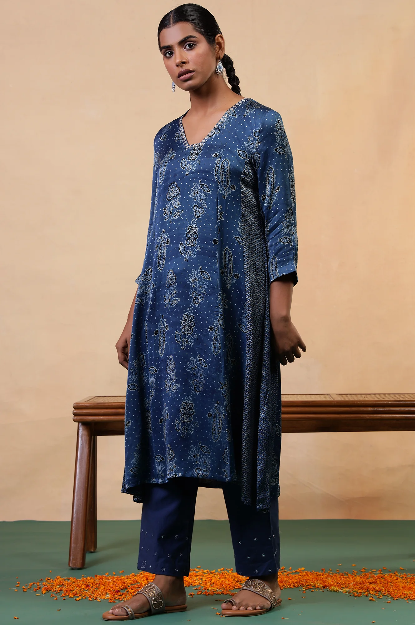 Folksong Indigo Floral Metallic Embroidered Viscose Flared Ajrakh Kurta - Image 6