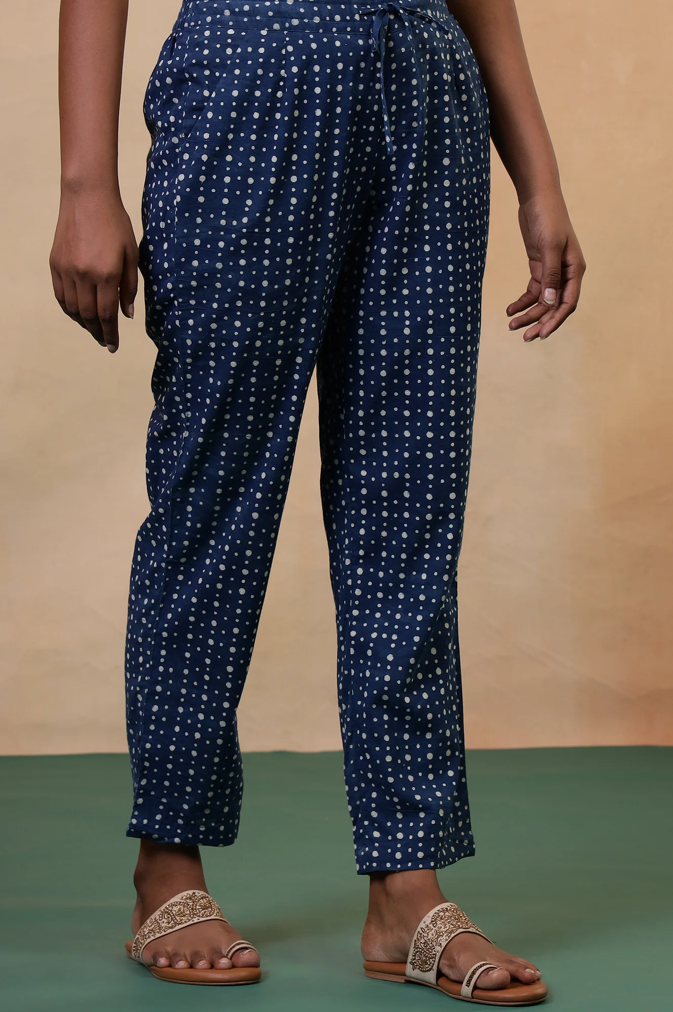Folksong Indigo Polka Dot Hand Block Printed Cotton Straight Pyjamas - Image 3