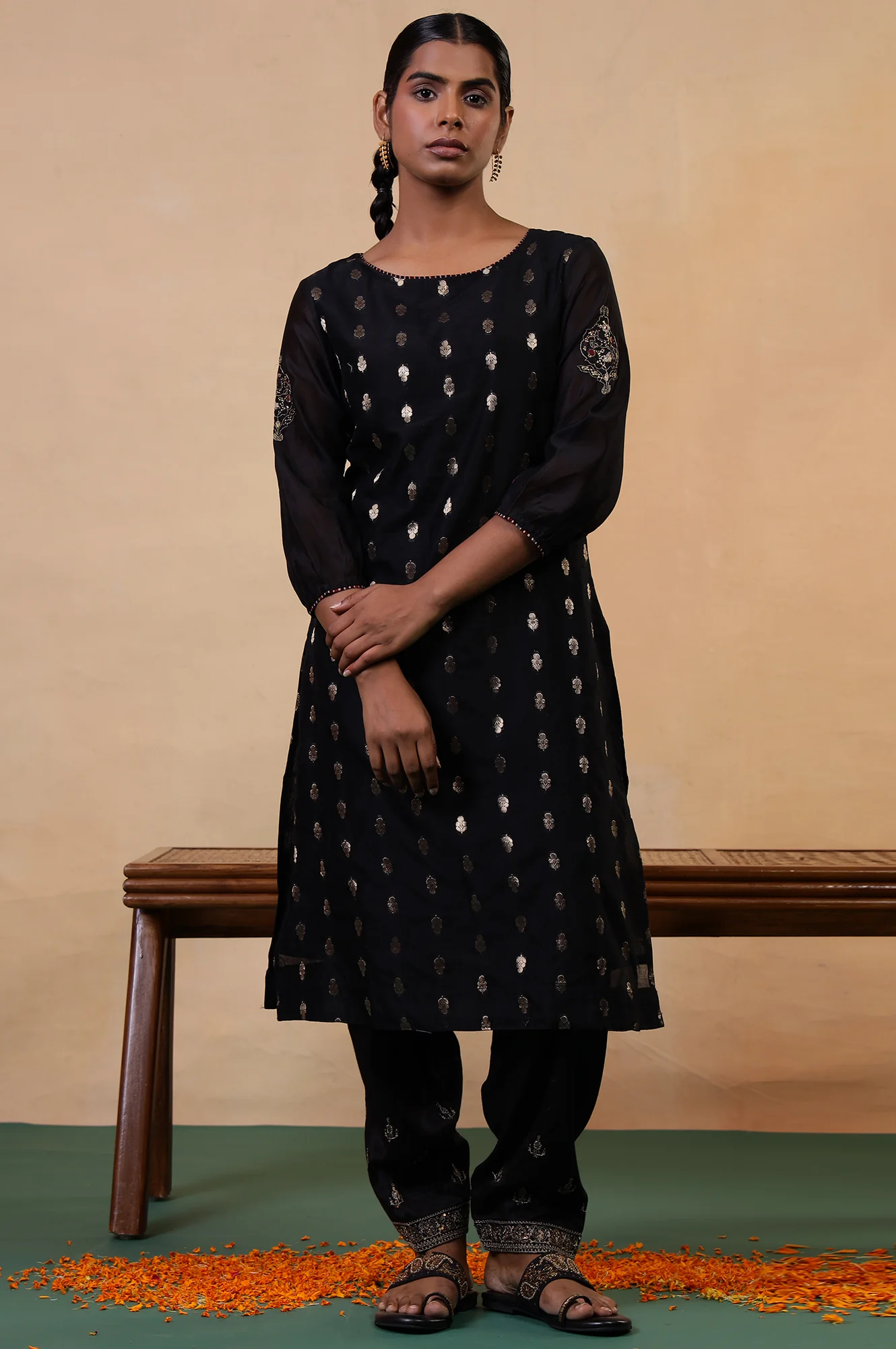 Folksong Jet Black Ethnic Motif Metallic Embroidered Cotton Silk Kurta - Image 2