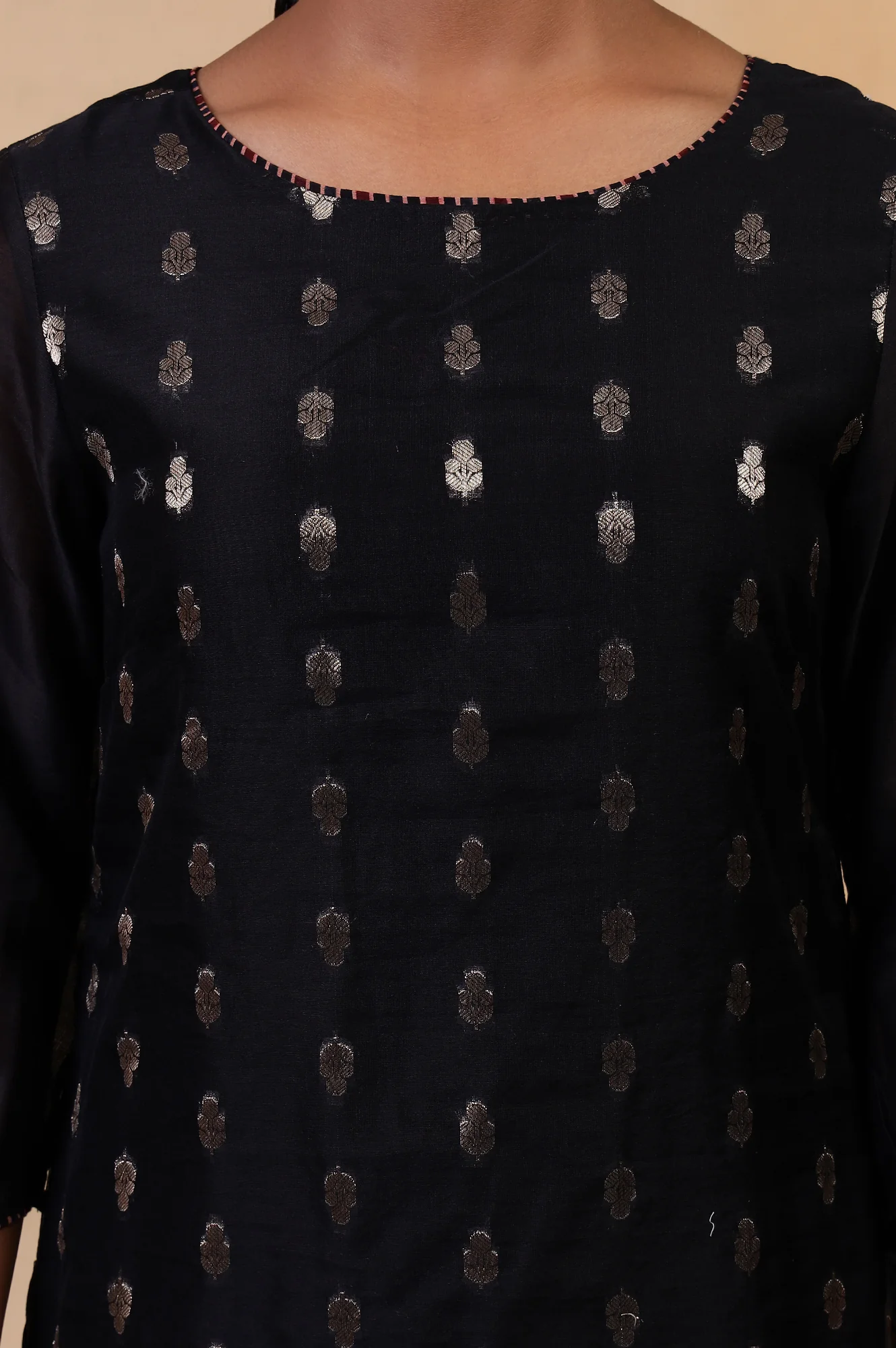 Folksong Jet Black Ethnic Motif Metallic Embroidered Cotton Silk Kurta - Image 3