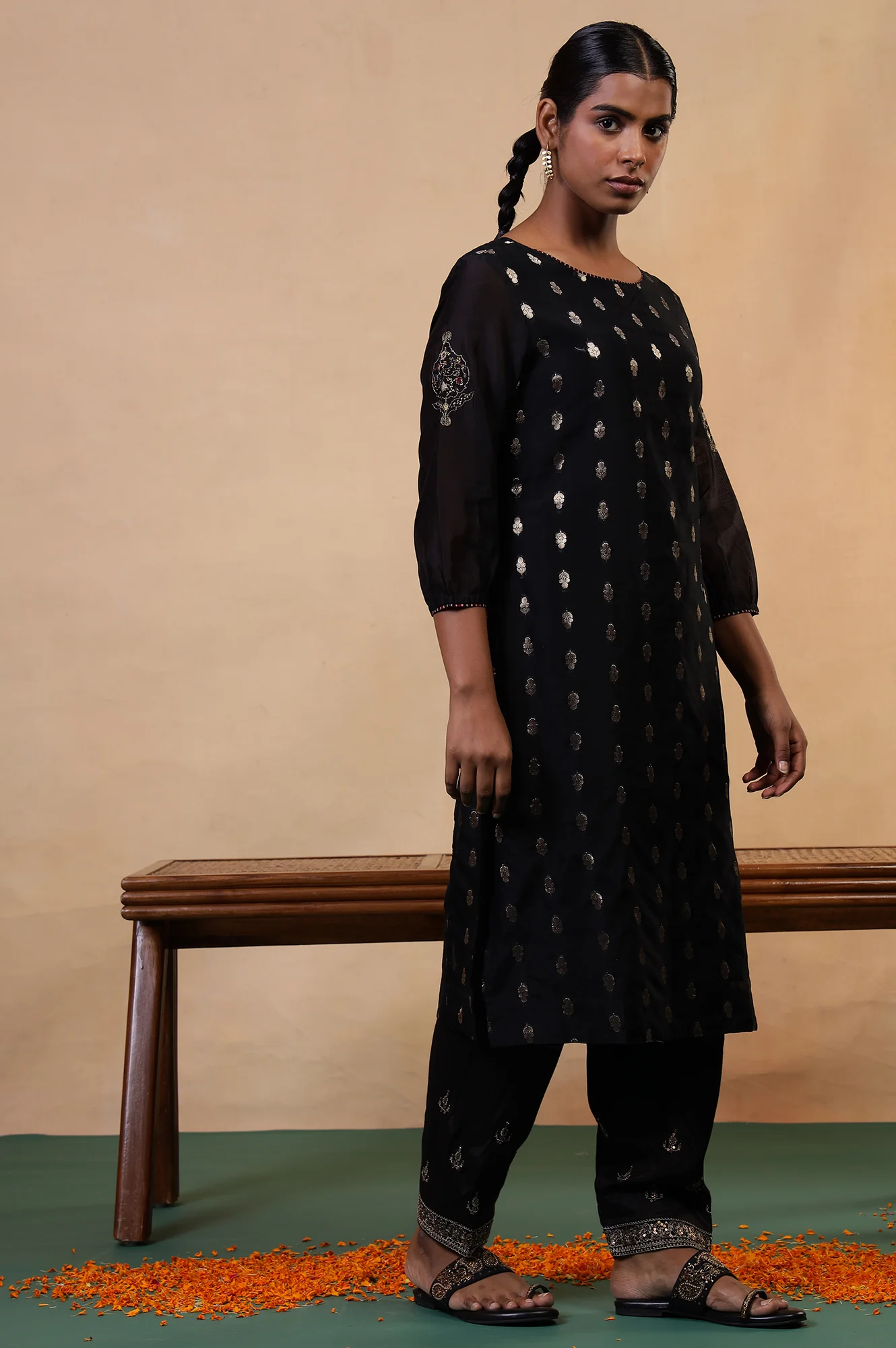 Folksong Jet Black Ethnic Motif Metallic Embroidered Cotton Silk Kurta - Image 4