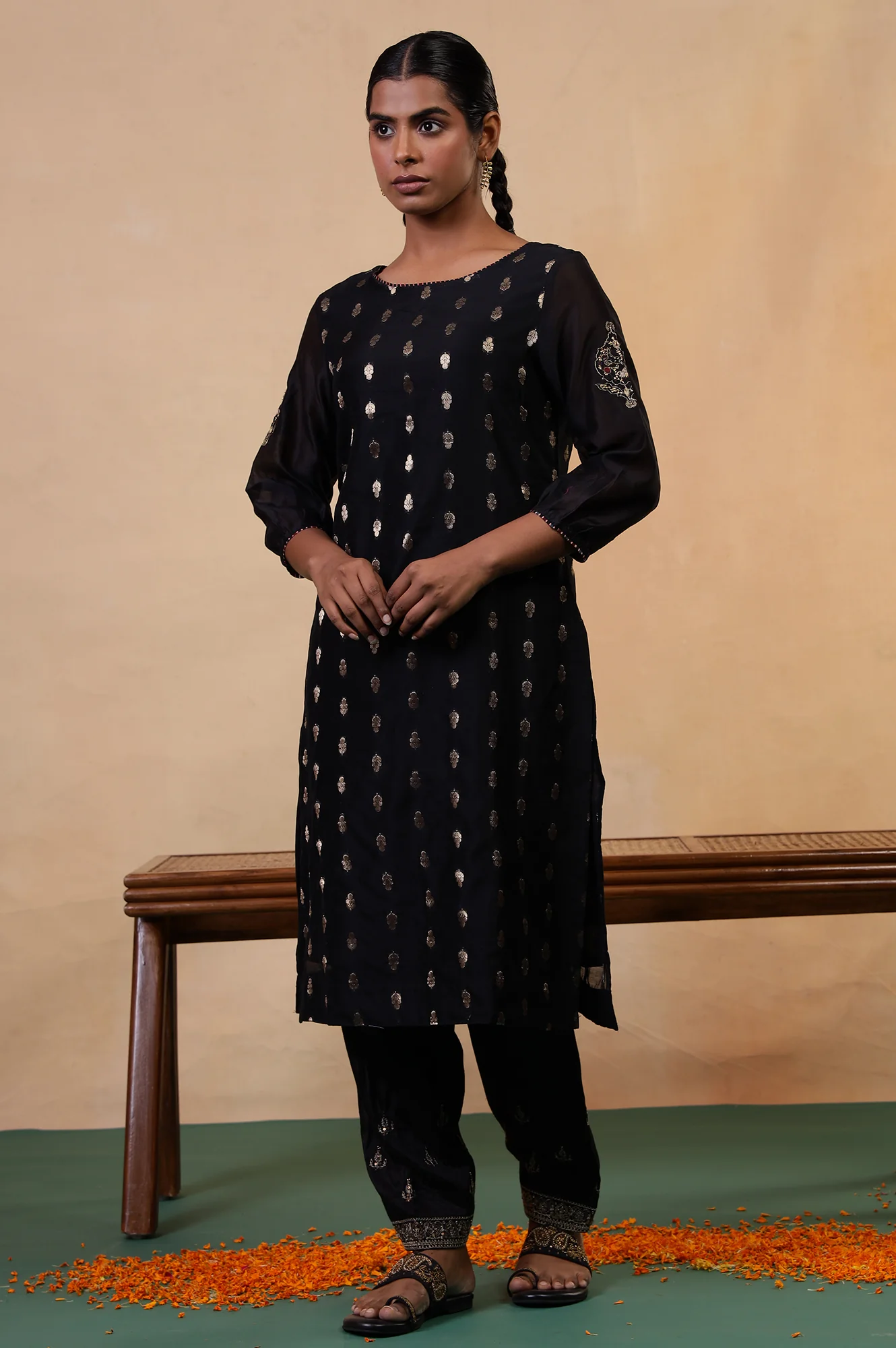 Folksong Jet Black Ethnic Motif Metallic Embroidered Cotton Silk Kurta - Image 6