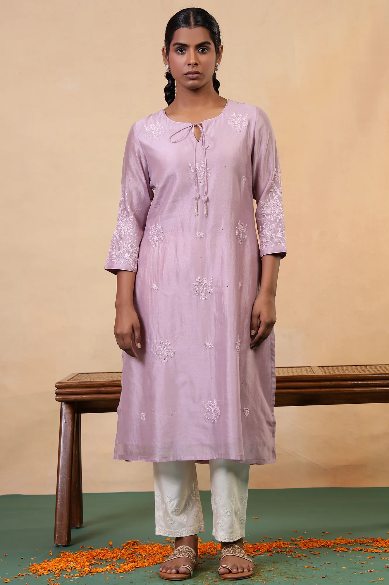 Folksong Lilac Cotton-Silk A-Line Embroidered Chikankari Regular Kurta - Image 3