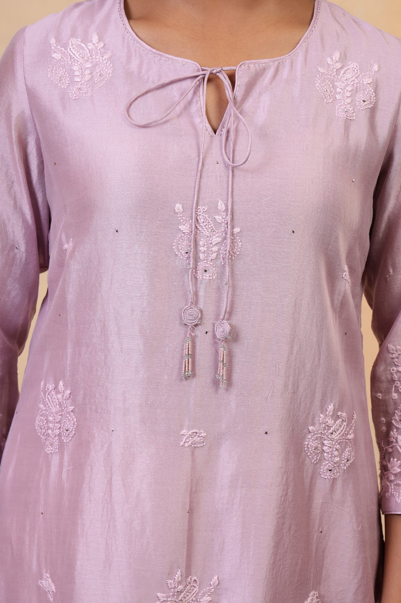 Folksong Lilac Cotton-Silk A-Line Embroidered Chikankari Regular Kurta - Image 4