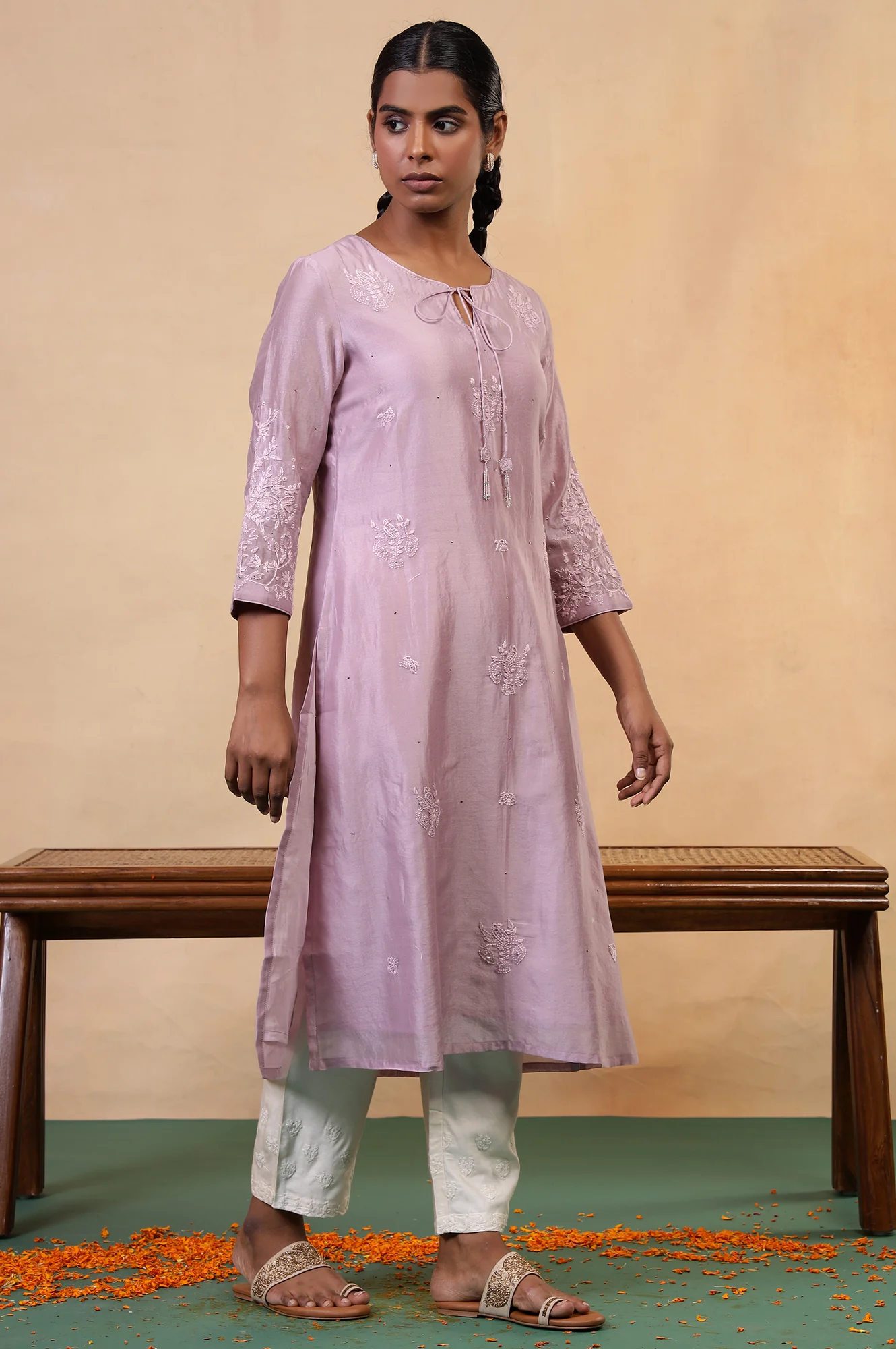 Folksong Lilac Cotton-Silk A-Line Embroidered Chikankari Regular Kurta - Image 5