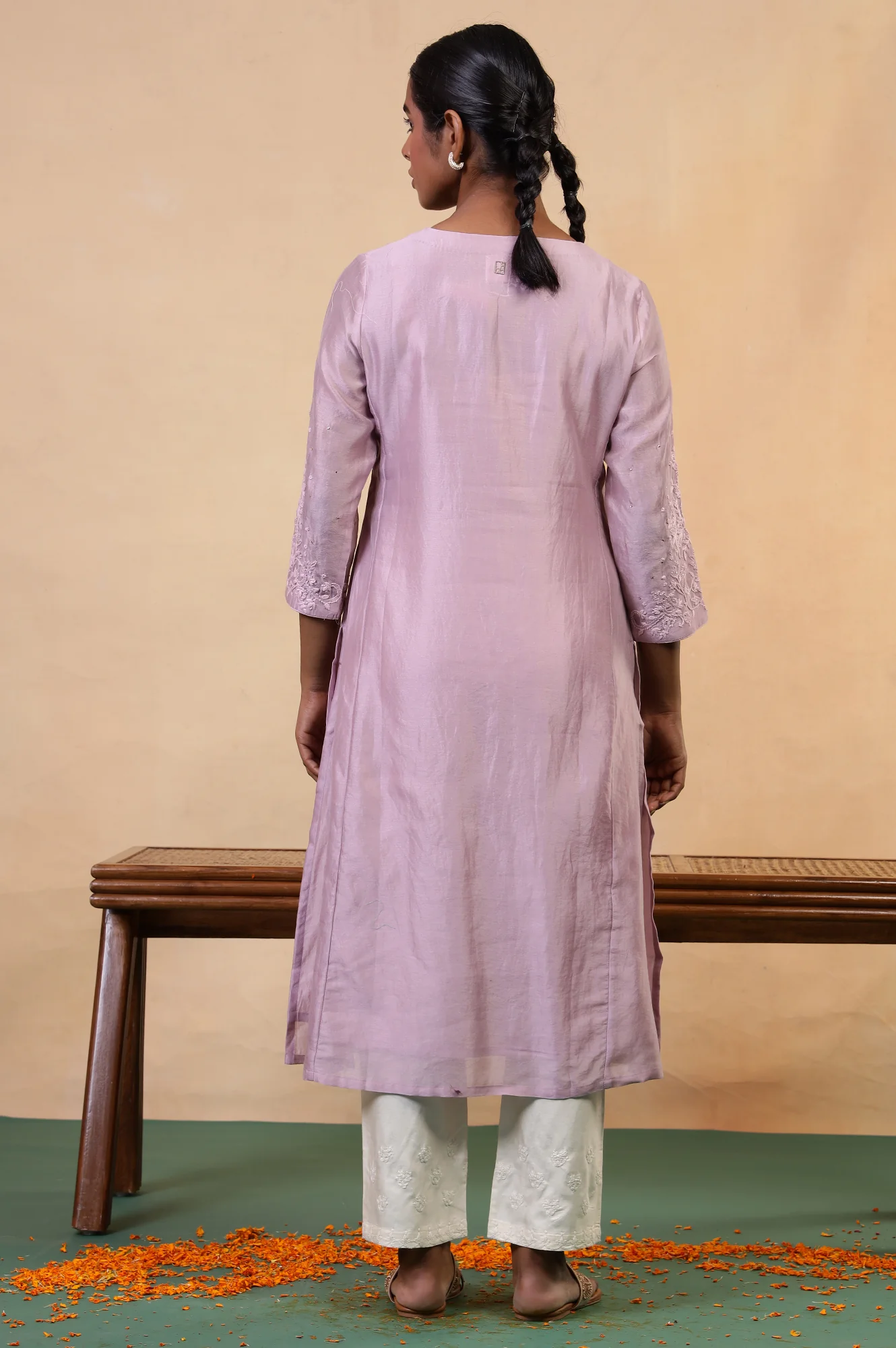 Folksong Lilac Cotton-Silk A-Line Embroidered Chikankari Regular Kurta - Image 6