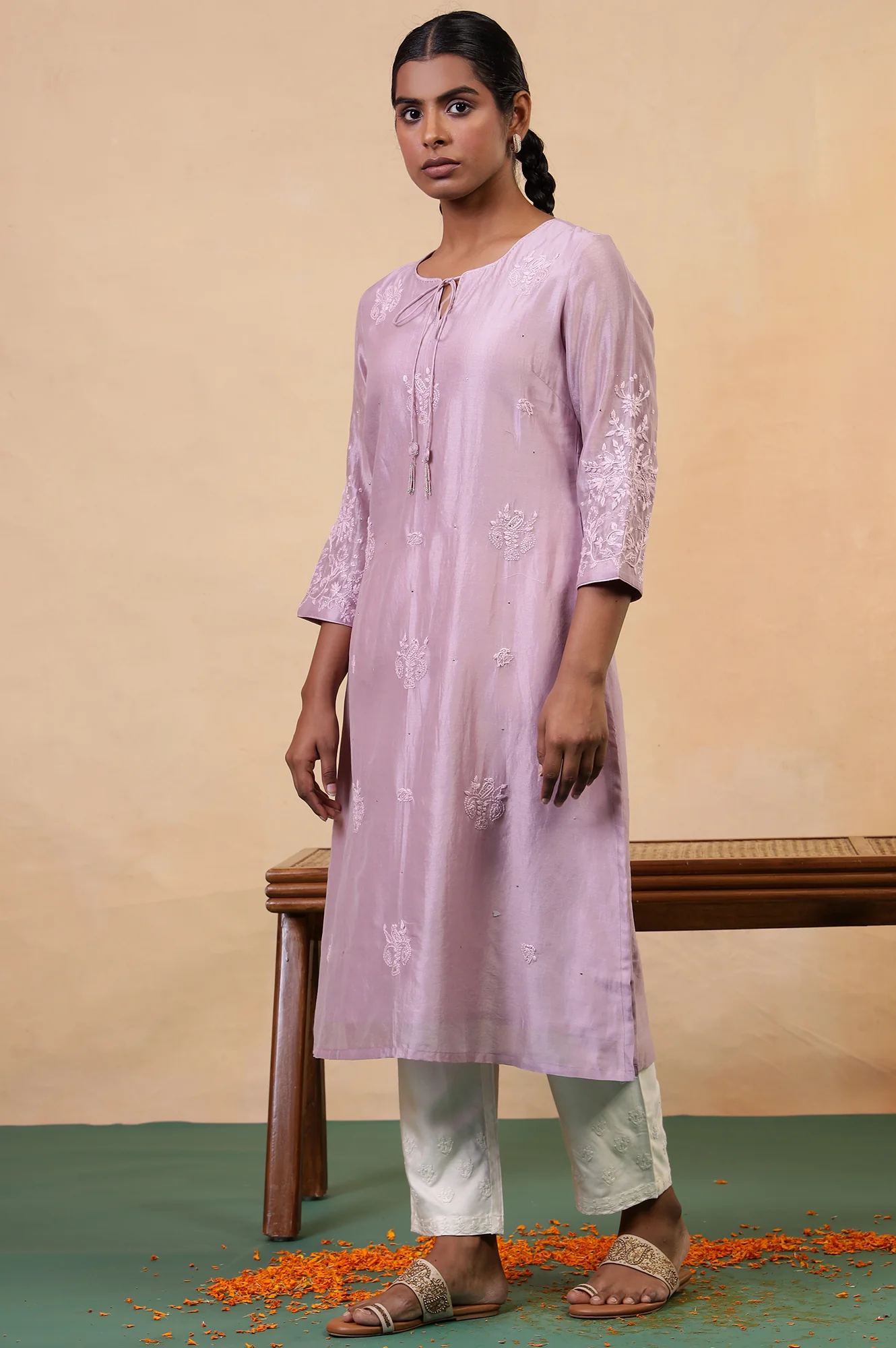 Folksong Lilac Cotton-Silk A-Line Embroidered Chikankari Regular Kurta - Image 7