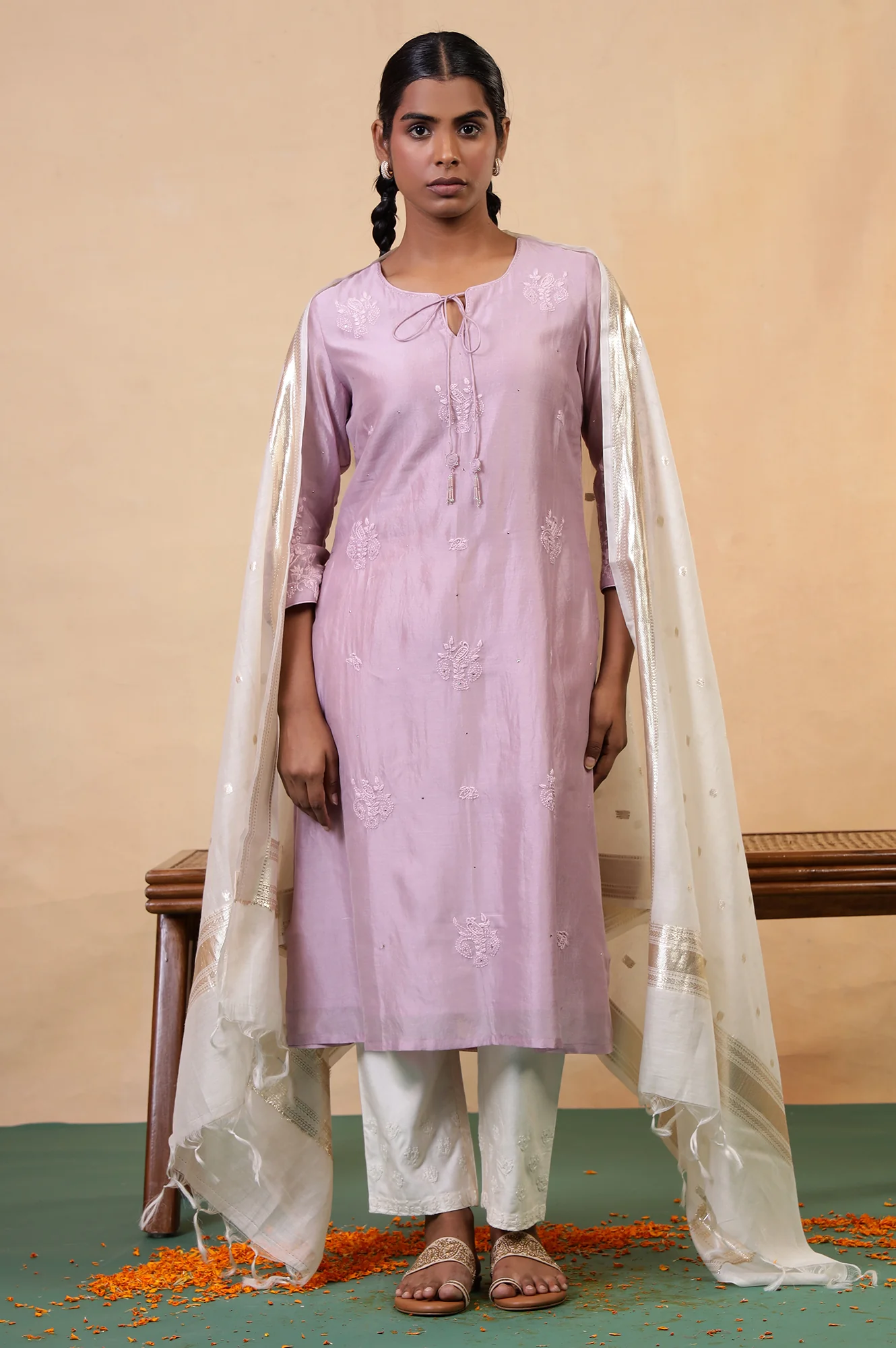 Folksong Lilac Cotton-Silk A-Line Embroidered Chikankari Regular Kurta - Image 8