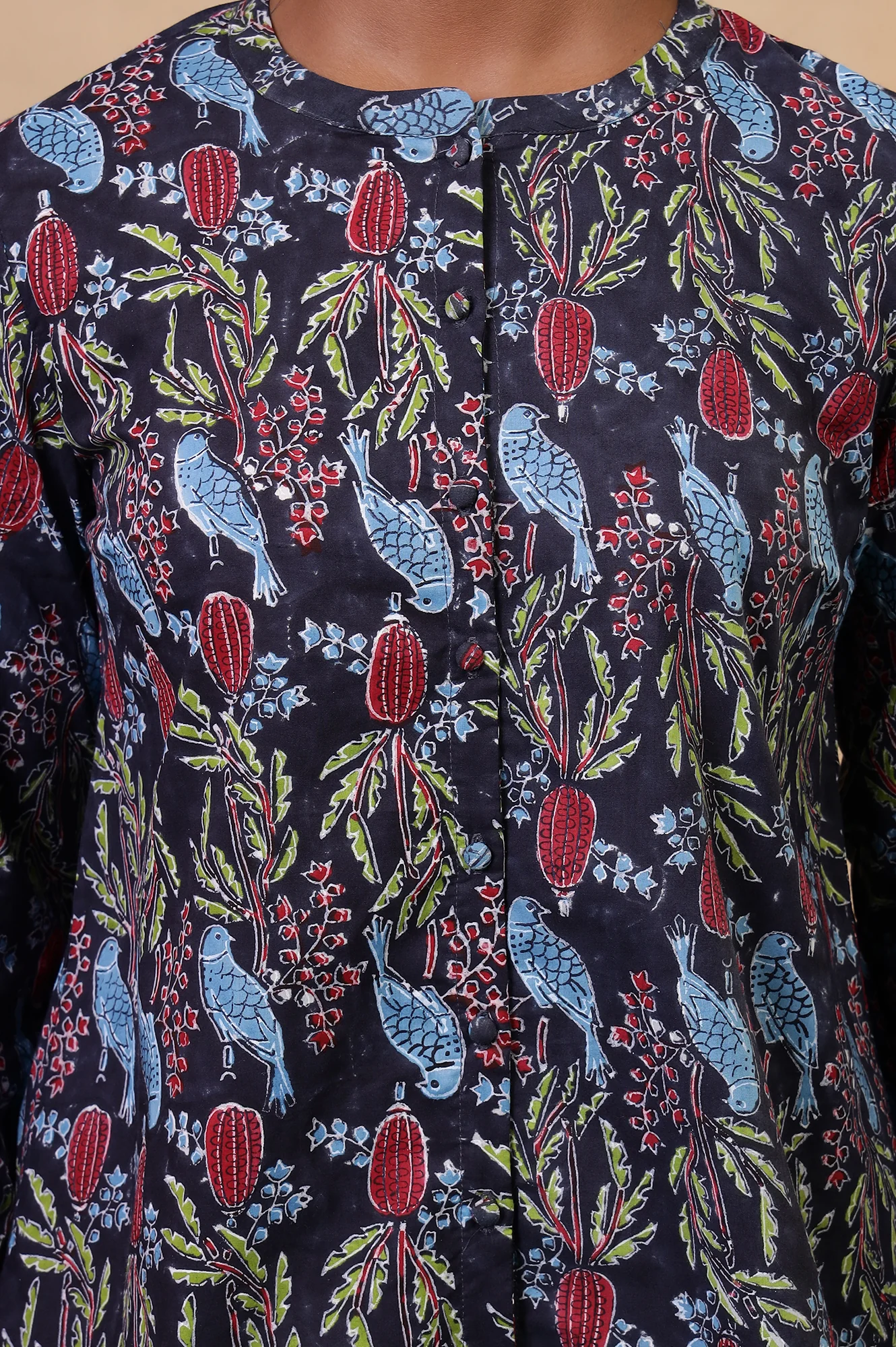 Folksong Navy Blue Cotton Straight-Fit Tropical Hand Block Printed Top - Image 3