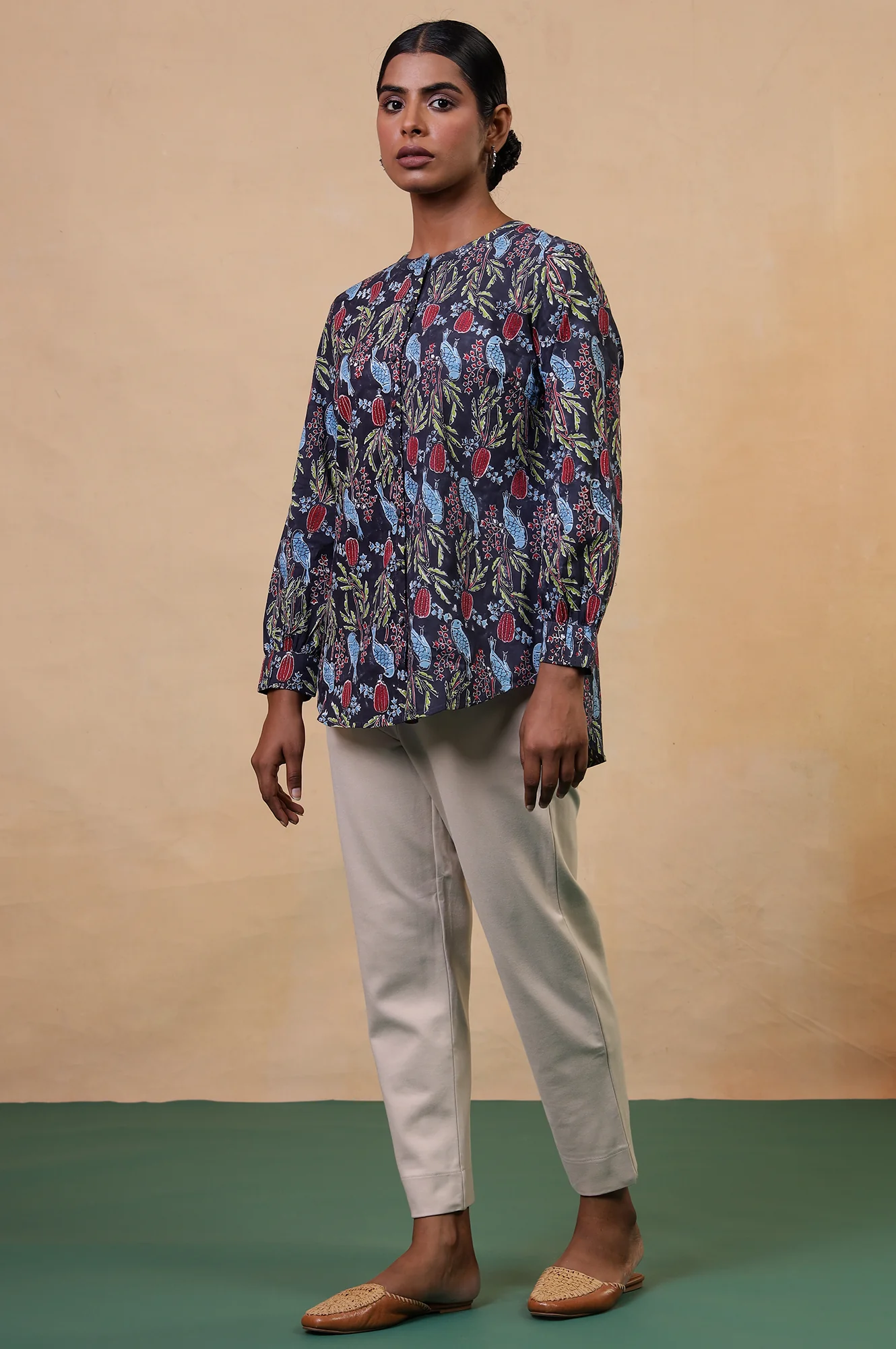 Folksong Navy Blue Cotton Straight-Fit Tropical Hand Block Printed Top - Image 6