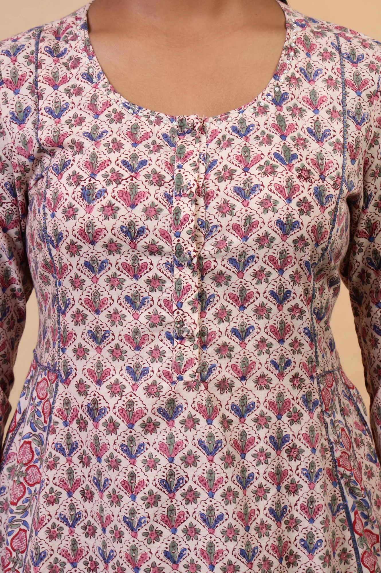 Folksong Pearl White Cotton Flared Floral Hand Block Printed Anarkali - Image 3