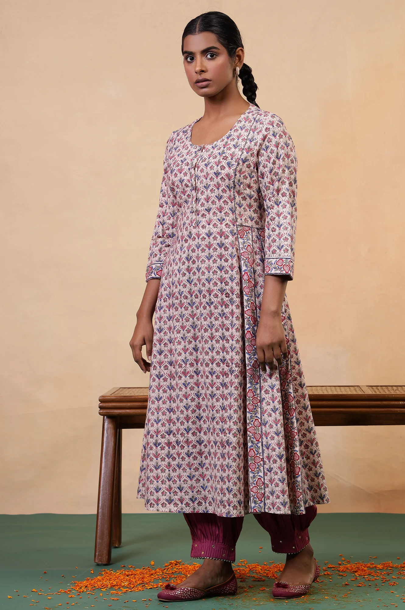 Folksong Pearl White Cotton Flared Floral Hand Block Printed Anarkali - Image 4
