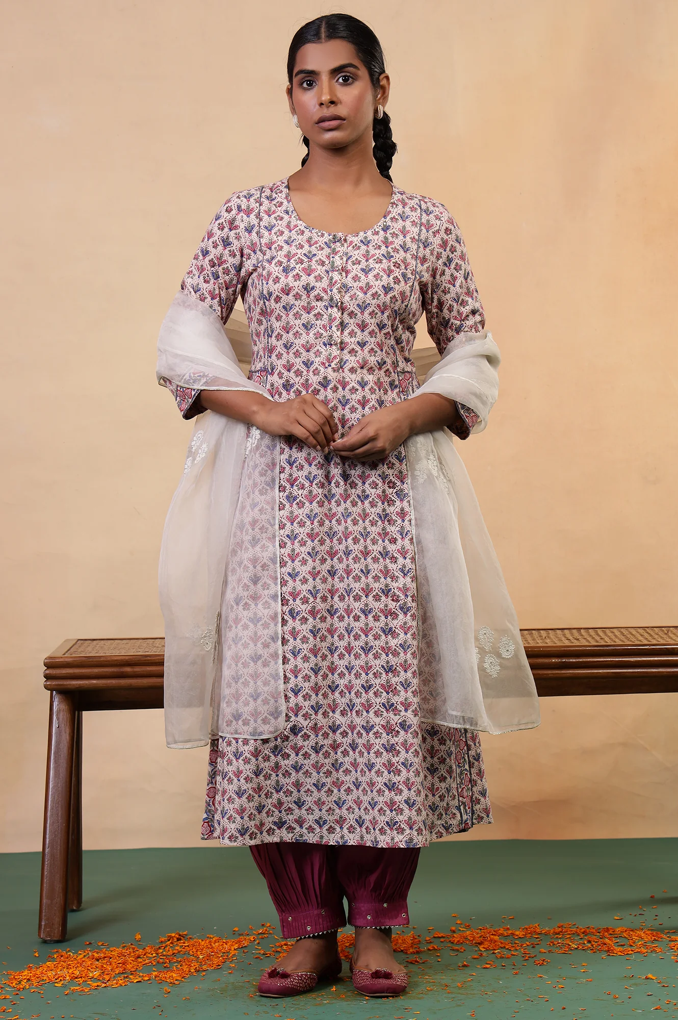 Folksong Pearl White Cotton Flared Floral Hand Block Printed Anarkali - Image 7