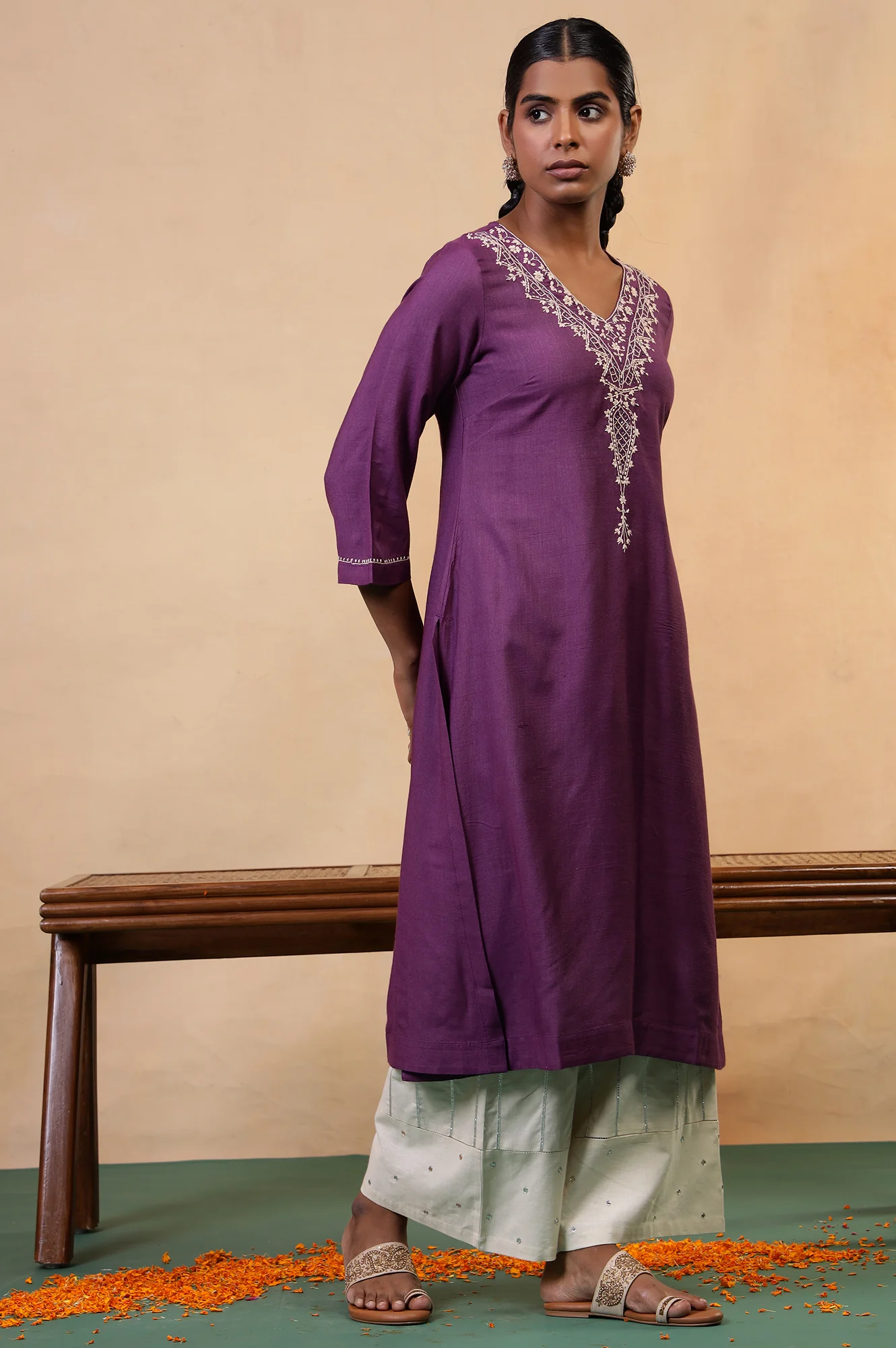 Folksong Prune Chikankari Embroidered Viscose A-Line Regular Kurta - Image 4