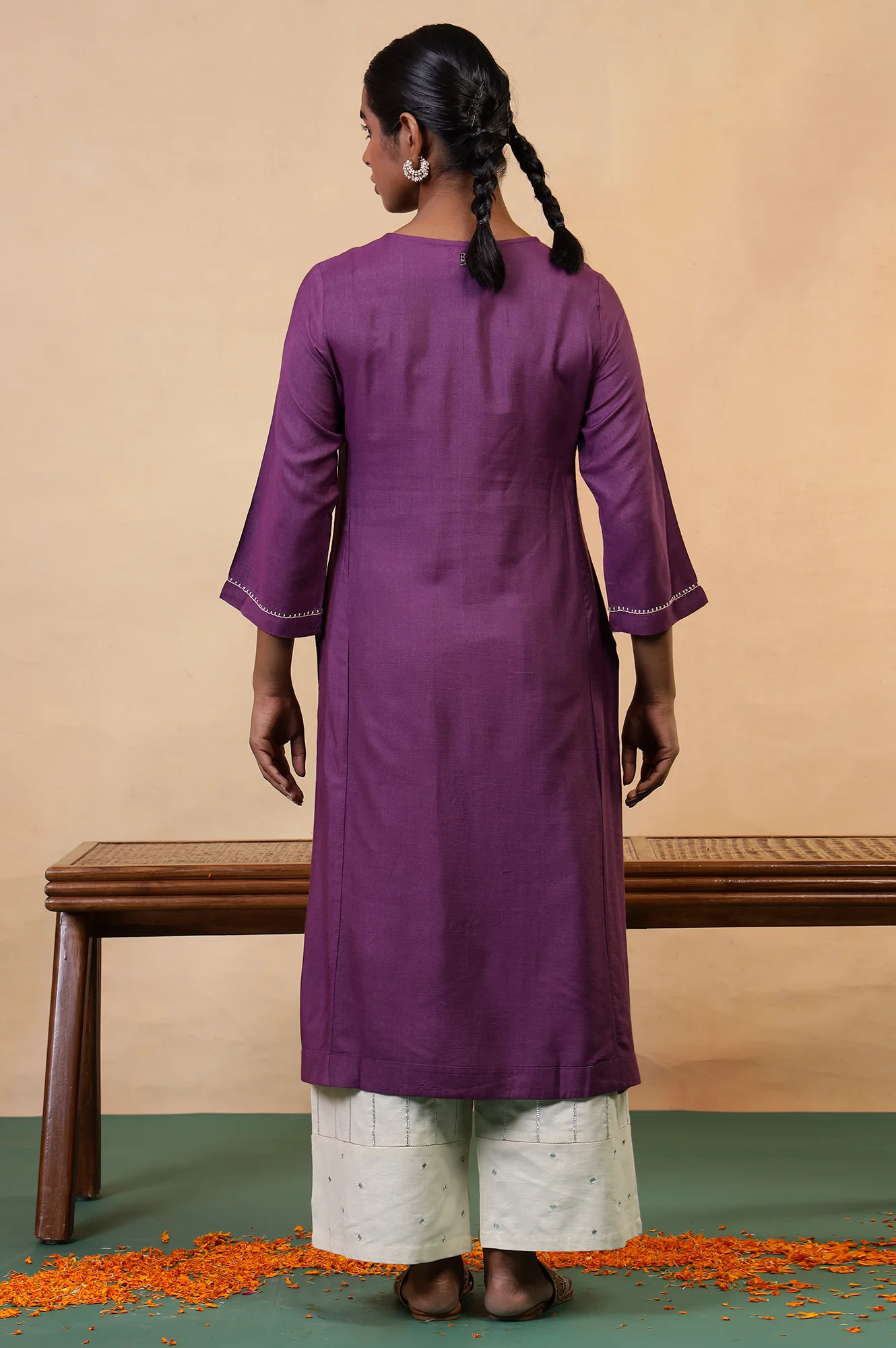 Folksong Prune Chikankari Embroidered Viscose A-Line Regular Kurta - Image 5